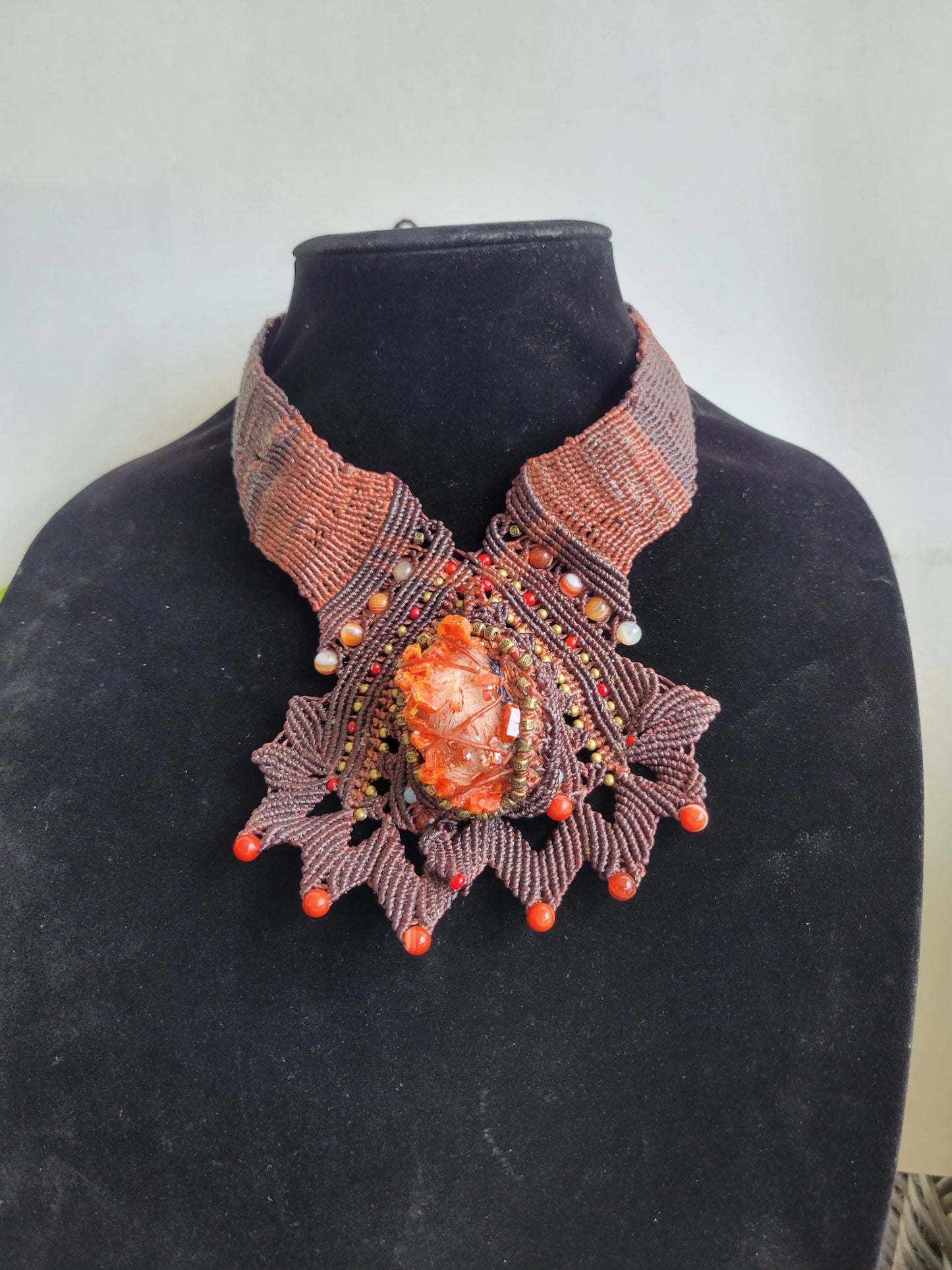 Vanadinite Macramé Choker Necklace – Handcrafted Red Crystal with Brass & Agate Accents