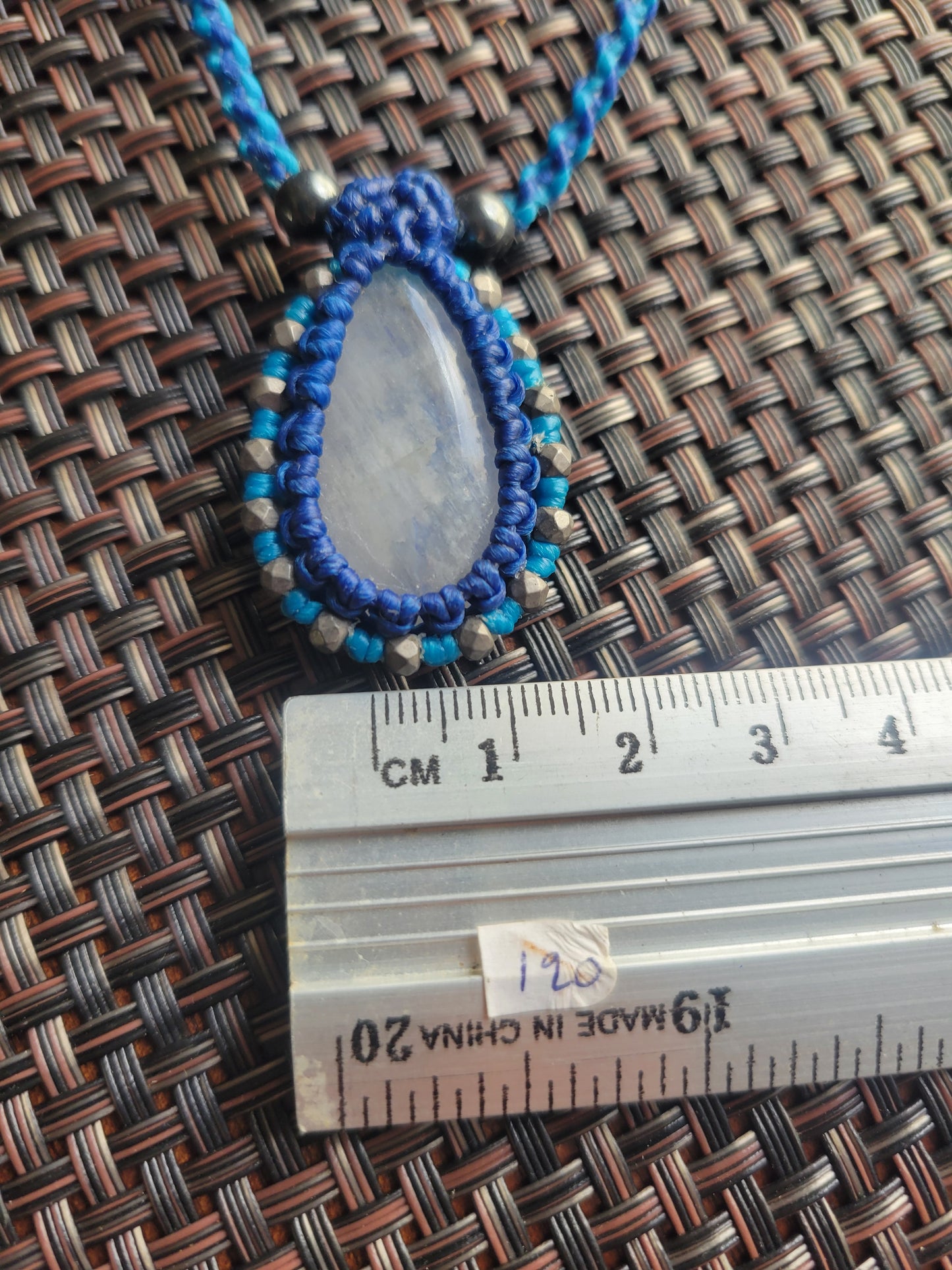 Rainbow Moonstone Macramé Necklace – Boho Blue Pendant with Brass & Bead Accents