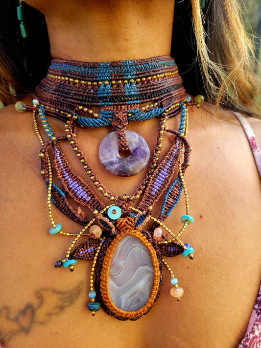 Tribal Jewelry - Ornate woven boho chestplate choker with agate and amethyst embellishments.