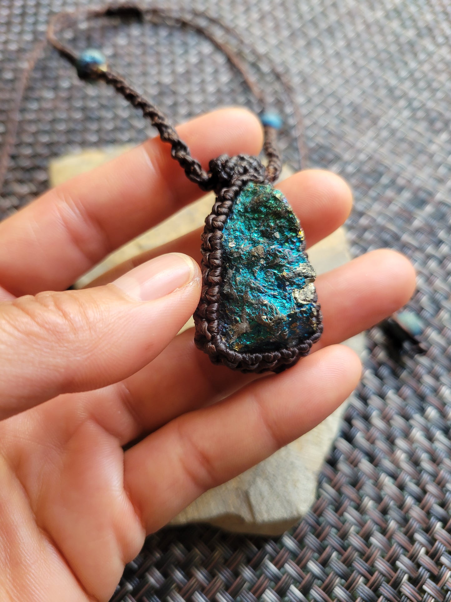 Raw Peacock Ore Necklace – Shimmering Bornite Amulet on Adjustable Braided Cord