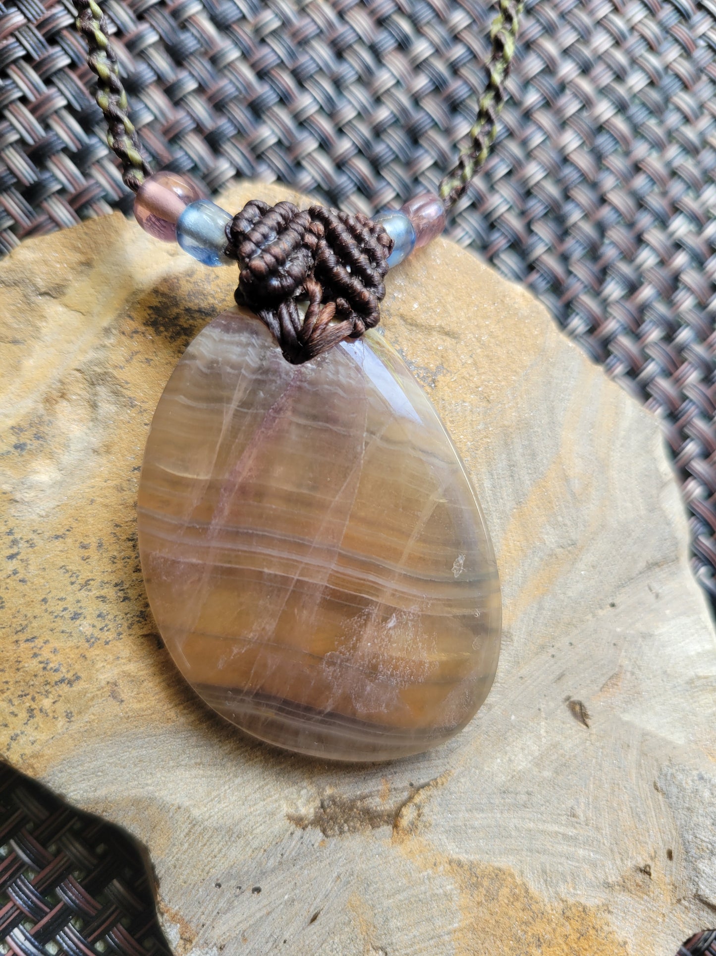 Boho Fluorite Pendant Necklace with brown cord and stone beads