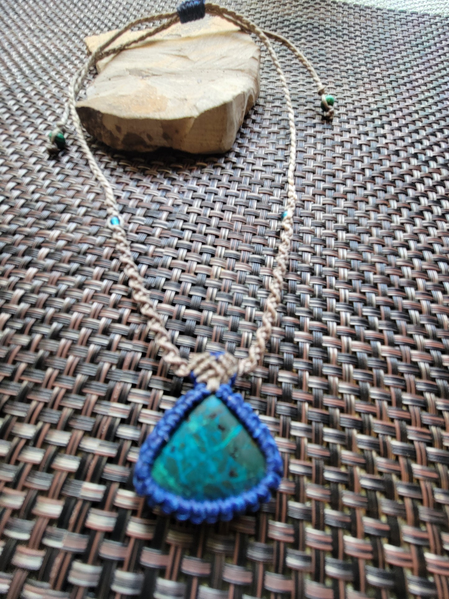 “Whispering Stone” – Small Triangular Chrysocolla Pendant Necklace, Blue Wrap with Light Brown Spiral Braid, Adjustable