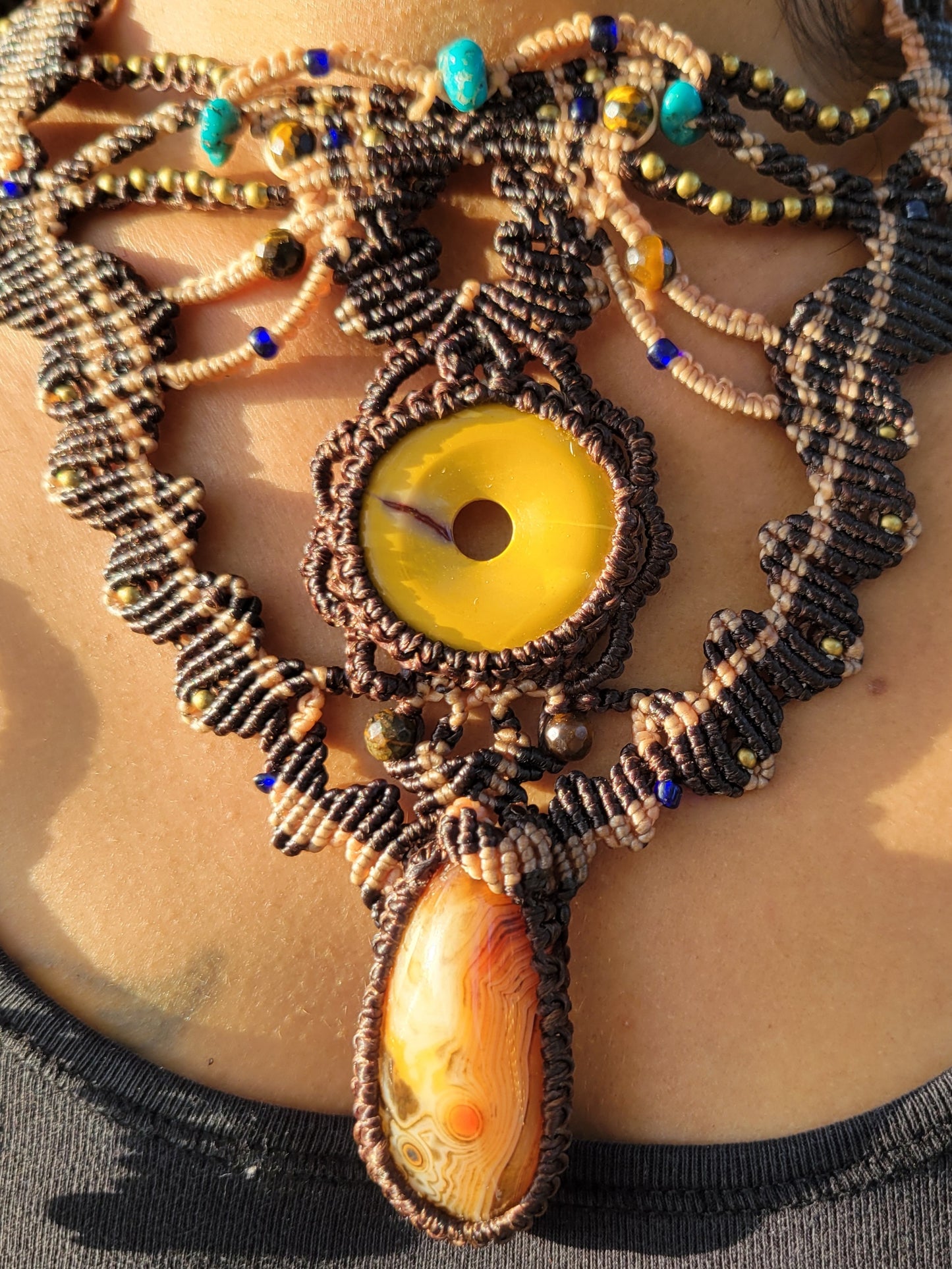 Carnelian & Jasper Boho Choker – Multistrand Statement Necklace with Brass & Stone Beads