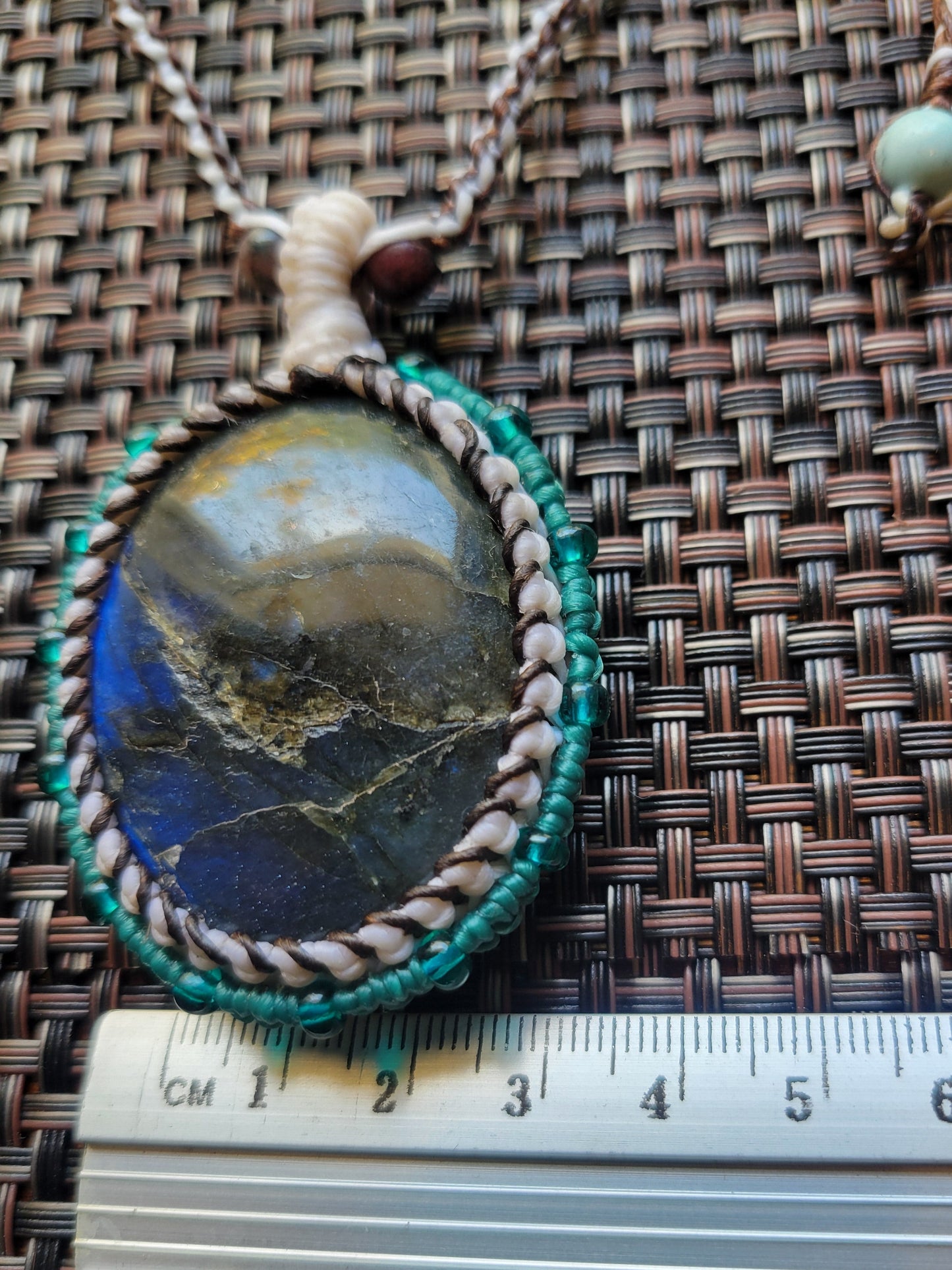 “Celestial Drift” – Vertical Oval Labradorite Pendant Necklace, Off-White & Aquamarine Cord, Adjustable