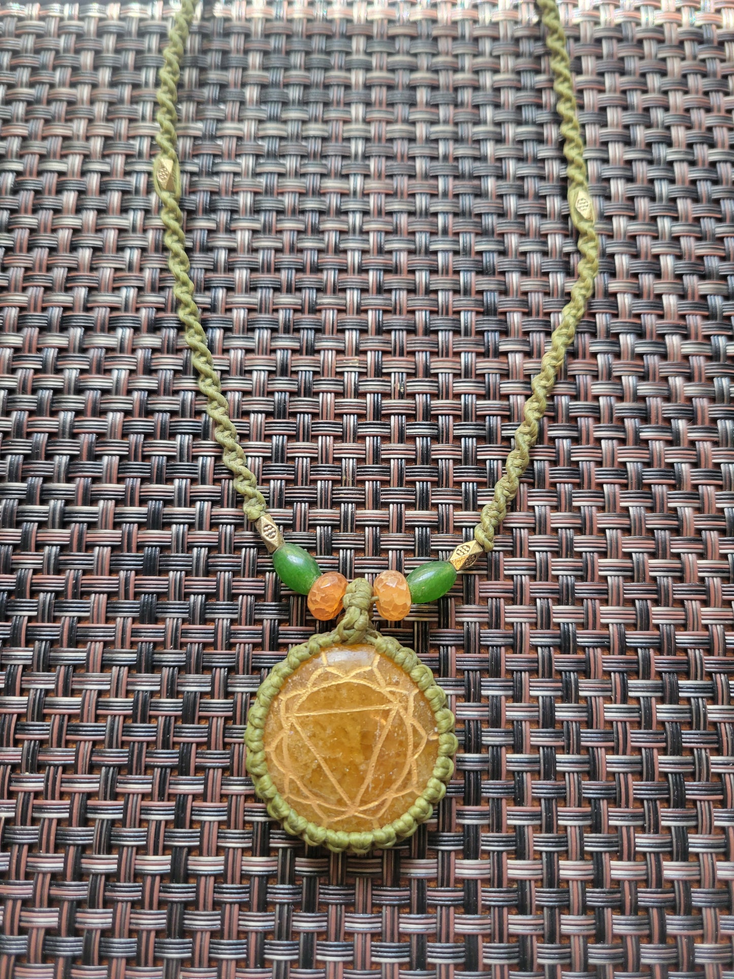 “Solar Spirit” – Orange Manipura Stone Pendant Necklace, Savanna Green Cord with Stone Beads, Adjustable Boho-Hippie Style