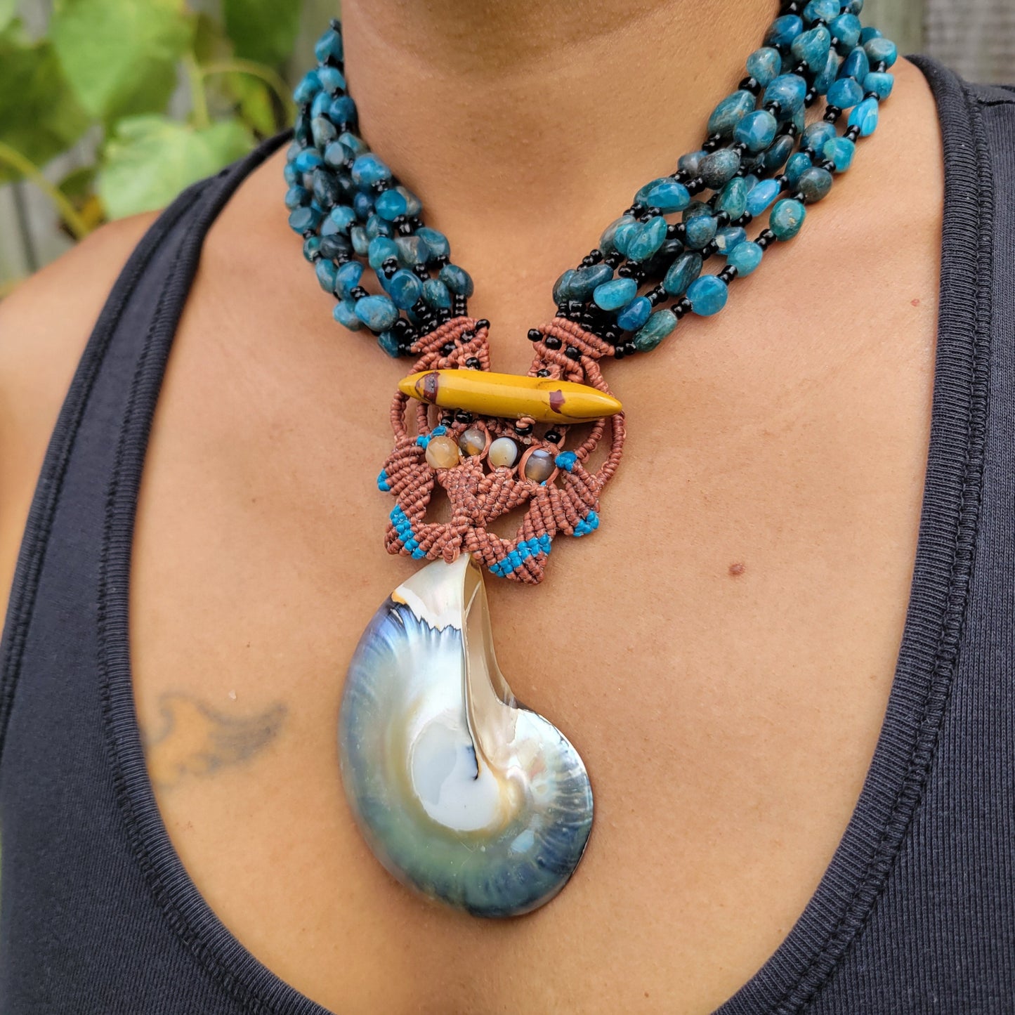 Ocean heart Nautilus Shell and Apatite bead pendant multistrand necklace