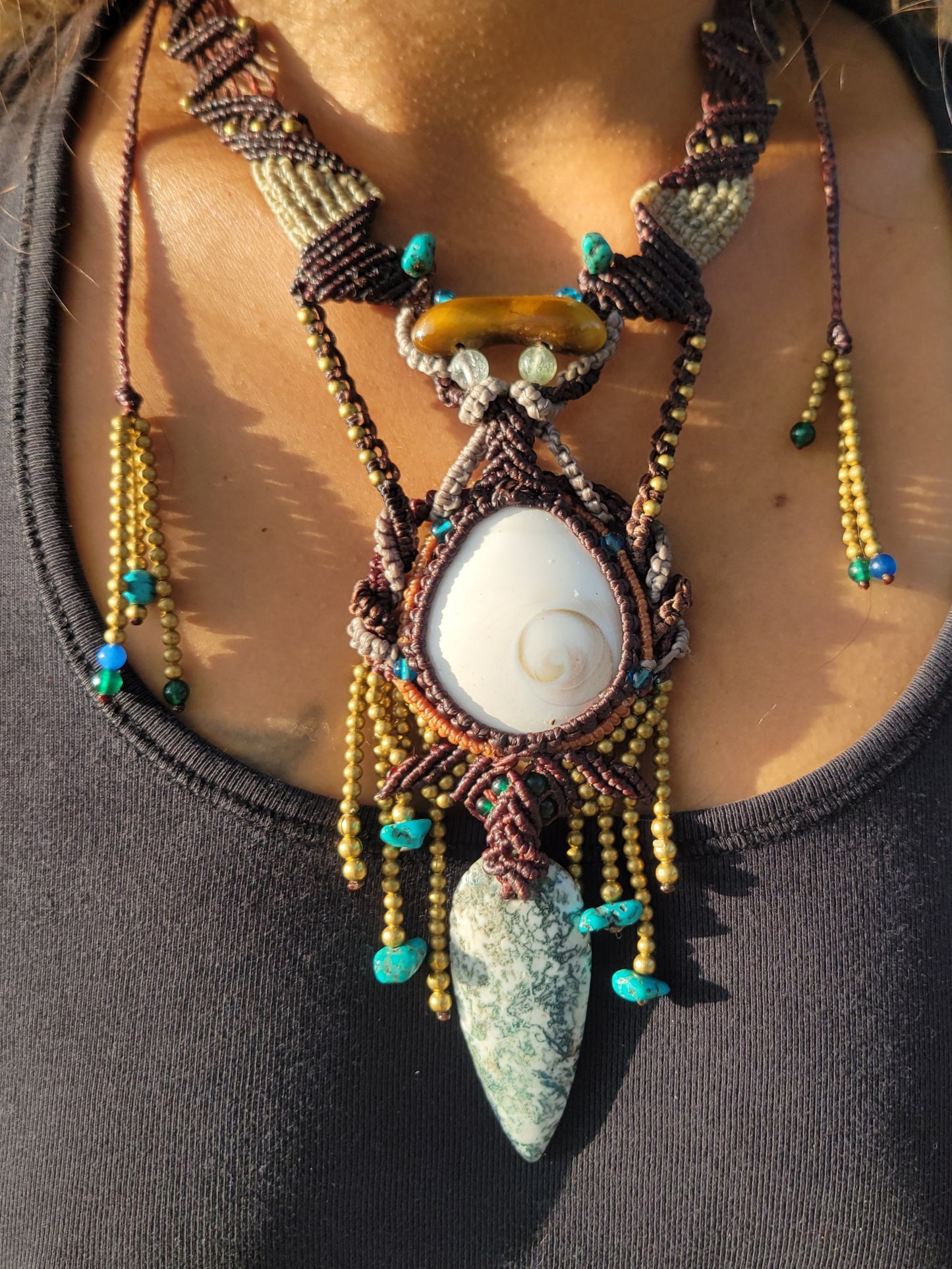 Snail Operculum, Tree Agate & Tiger’s Eye Adjustable Length Boho Hippie Necklace