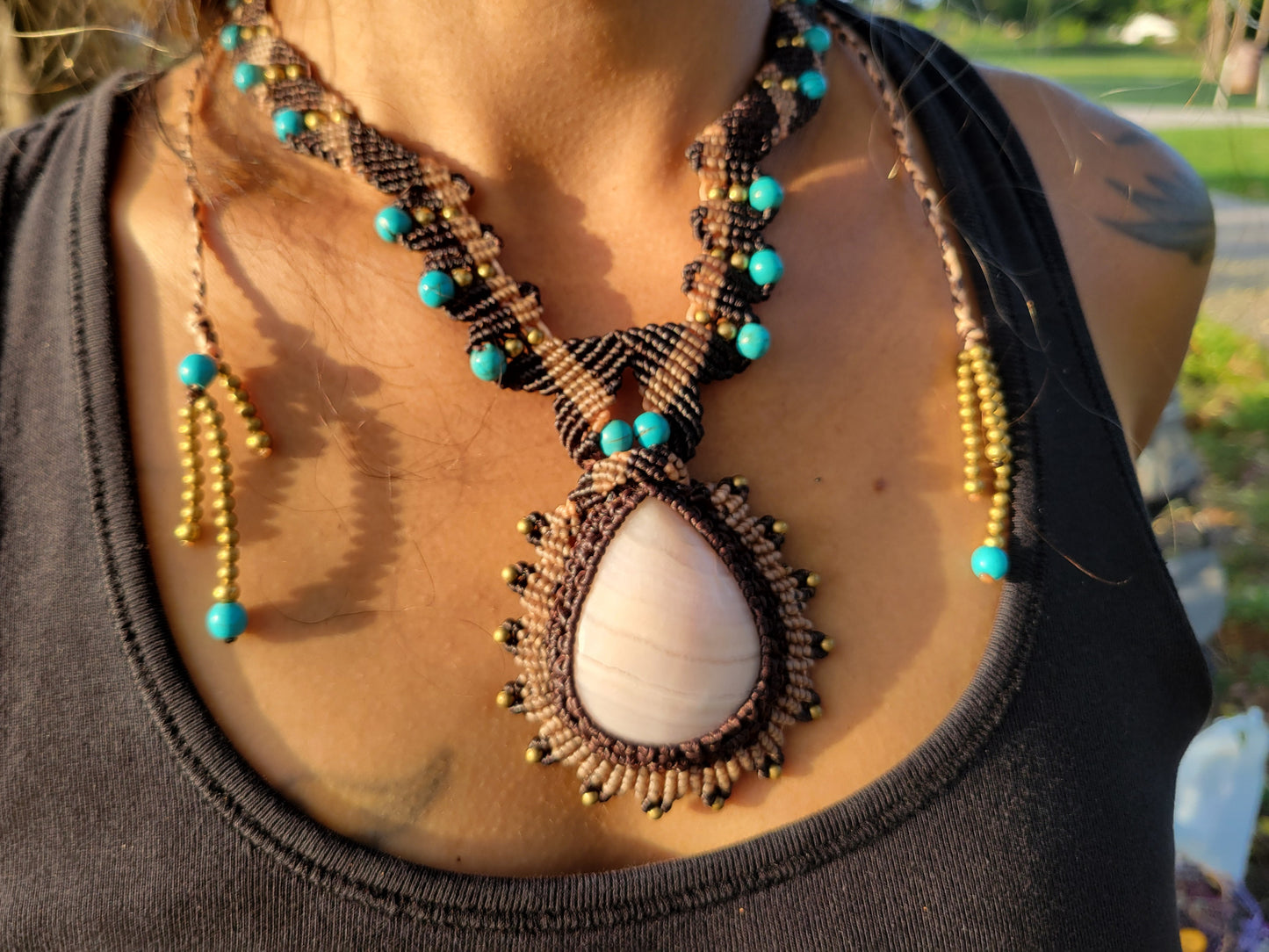 Ornate Pink Calcite Pendant Necklace – Elegant Macramé with Brass & Turquoise Accents