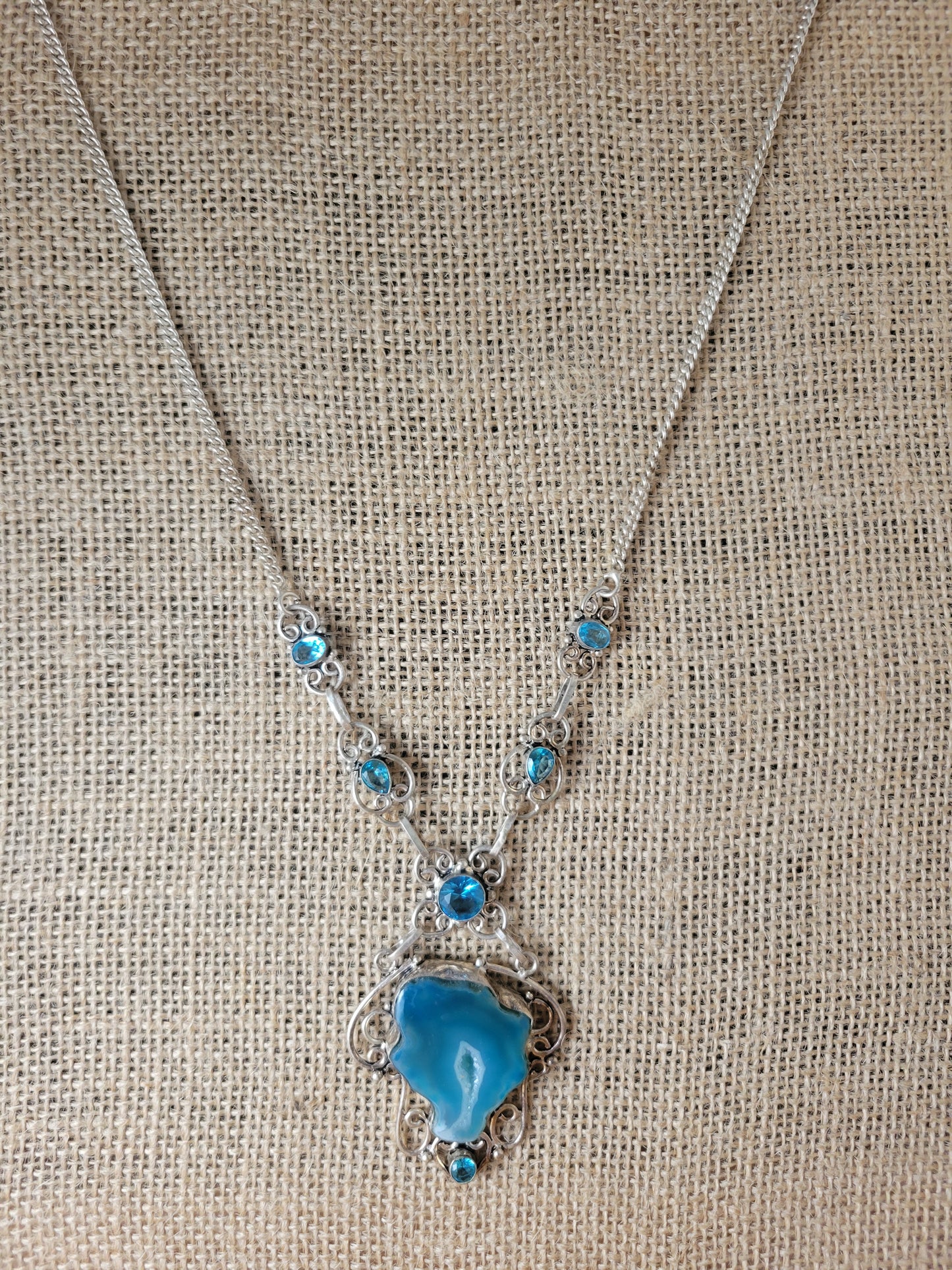Full Image Handmade Druzy Agate and Blue Topaz Pendant Necklace