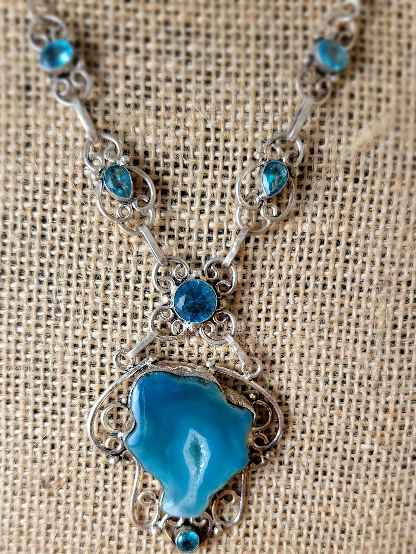Boho Druzy Agate and Blue Topaz Pendant Necklace ocean styl