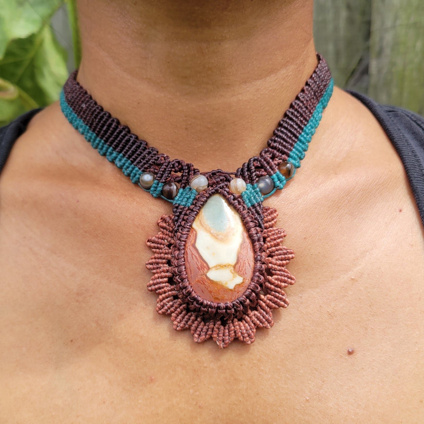 Picture jasper pendant on intricate macrame choker necklace