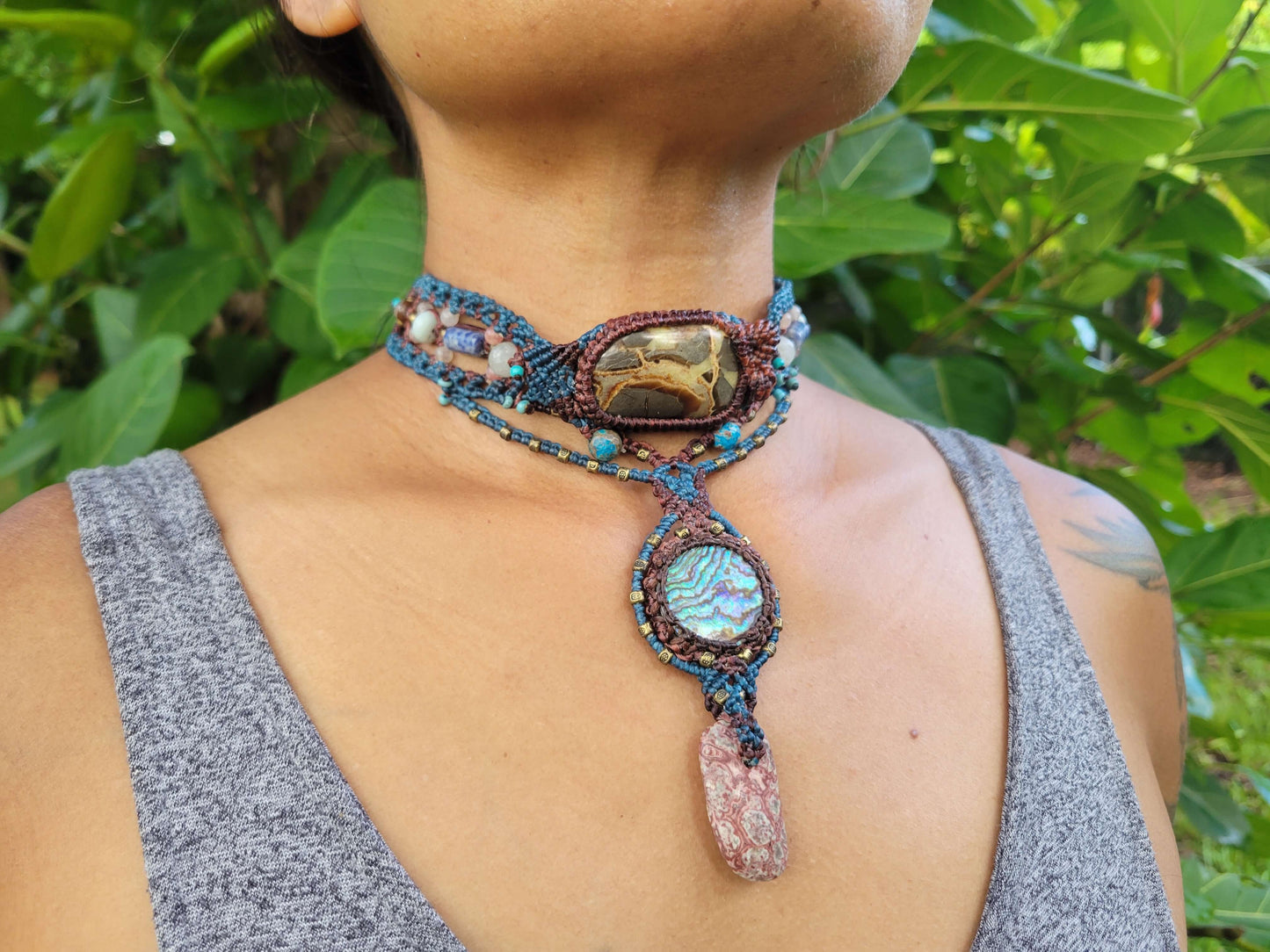Polychrome Jasper & Crazy Lace Agate Macramé Necklace