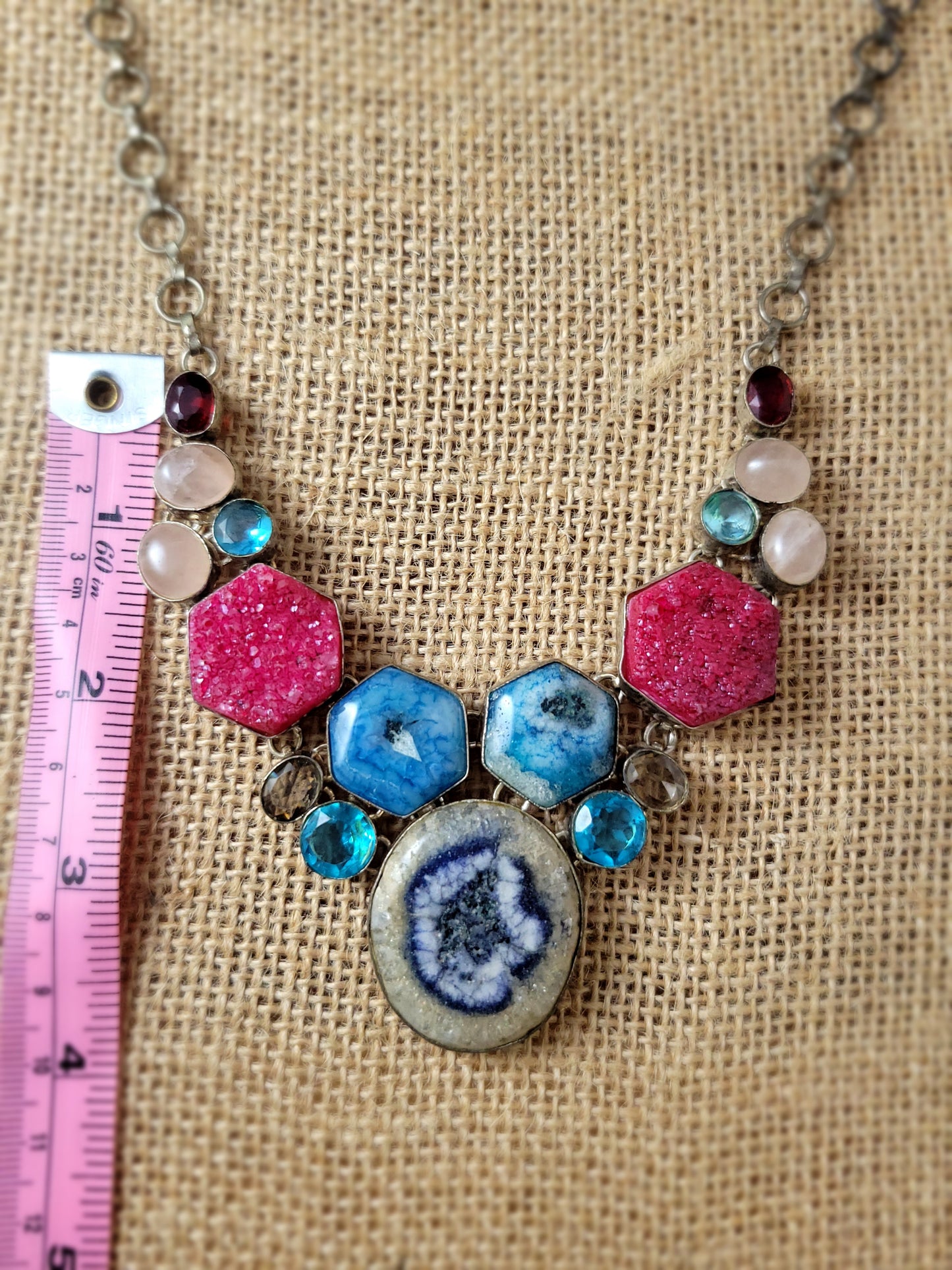 Silver Colorful Multi Gemstone Pendant Necklace with Agate Topaz Quartz