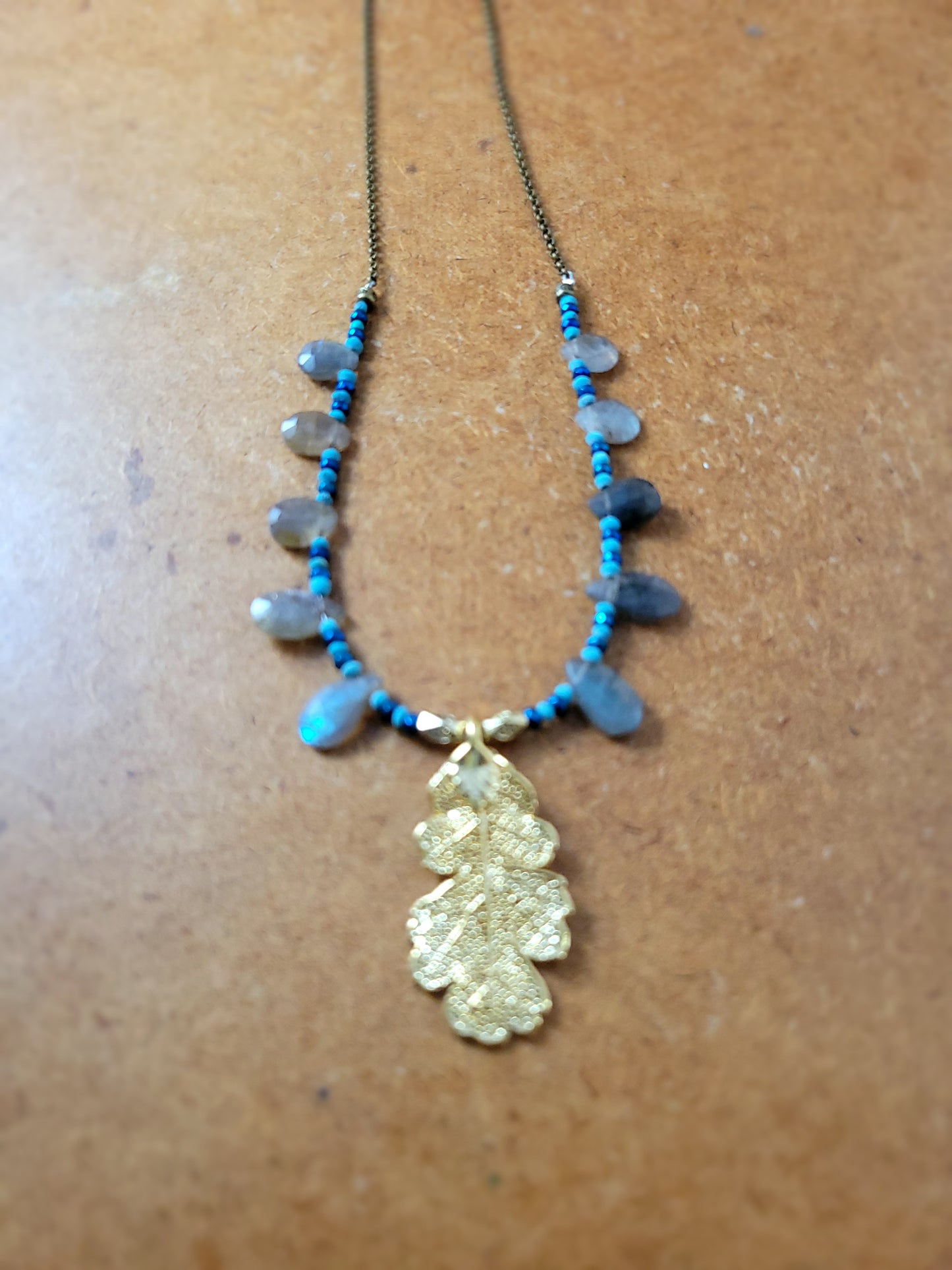Handmade Brass Leaf Pendant Necklace with Labradorite teardrops