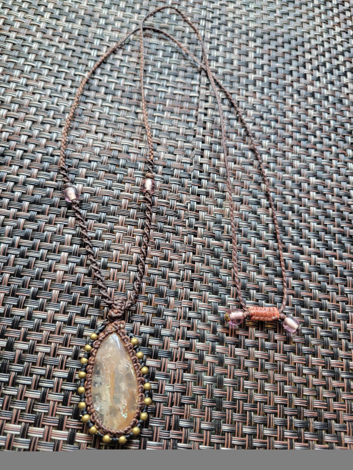 Pink Plume Agate Pendant Necklace – Handcrafted Teardrop Stone with Brass Accents