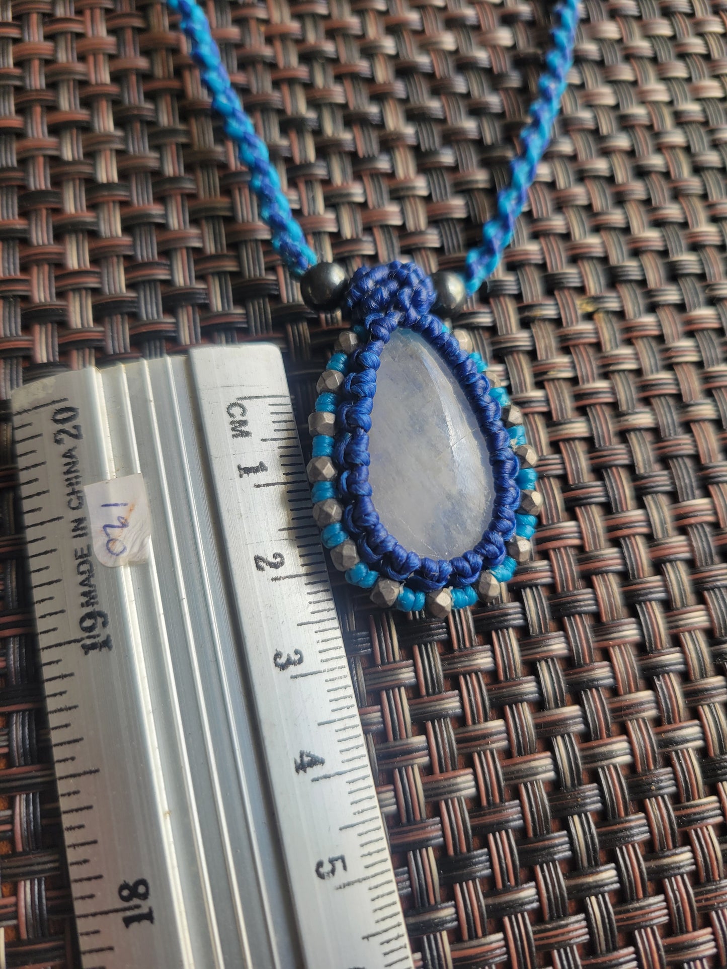Rainbow Moonstone Macramé Necklace – Boho Blue Pendant with Brass & Bead Accents
