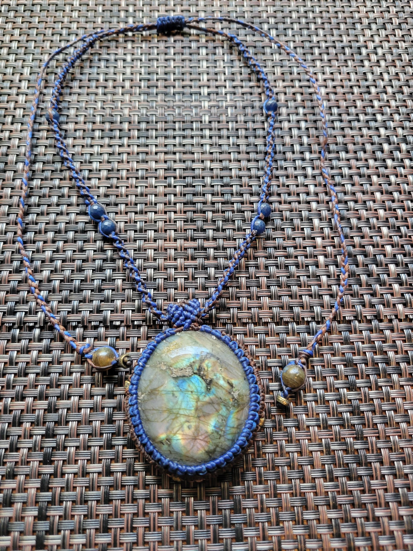 “Cosmic Bloom” – Labradorite Pendant Necklace with Lapis Lazuli Beads, Blue Cord, Adjustable for Spiritual Rebirth