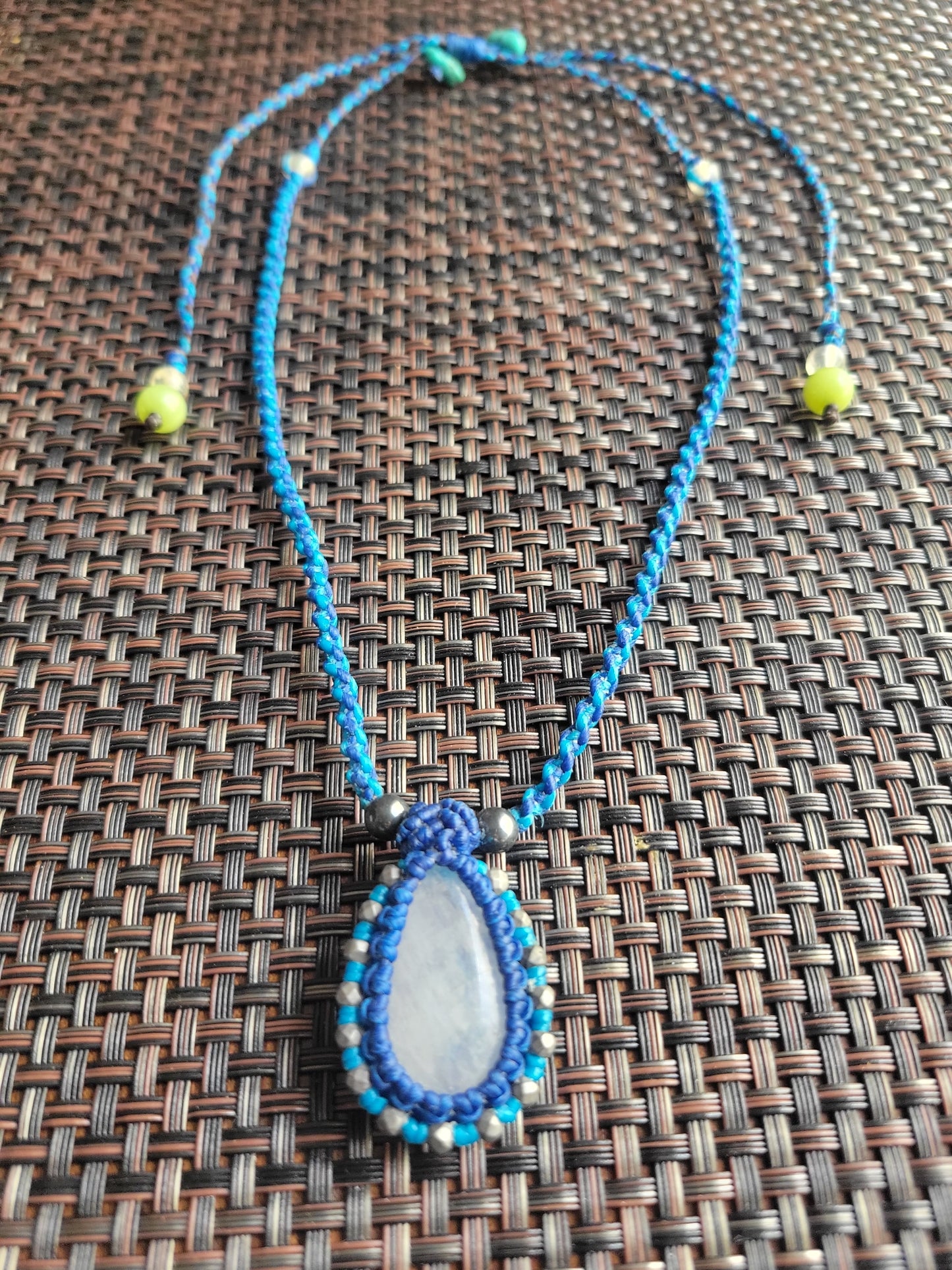 Rainbow Moonstone Macramé Necklace – Boho Blue Pendant with Brass & Bead Accents