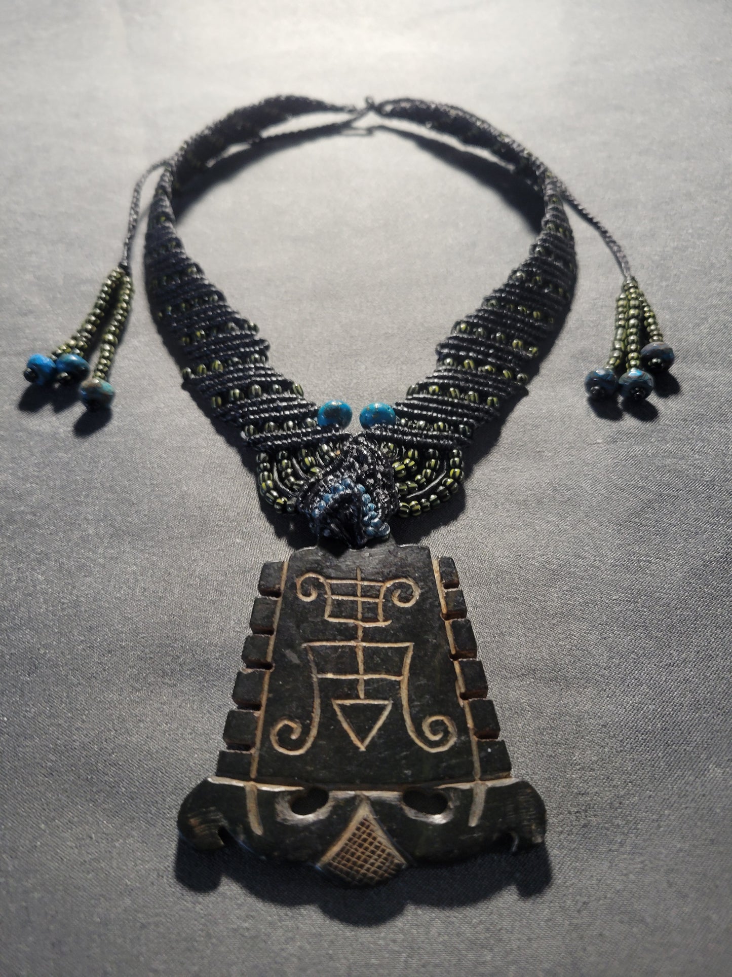 Rare Vintage Black Jade Veve Pendant Necklace-African Amulet