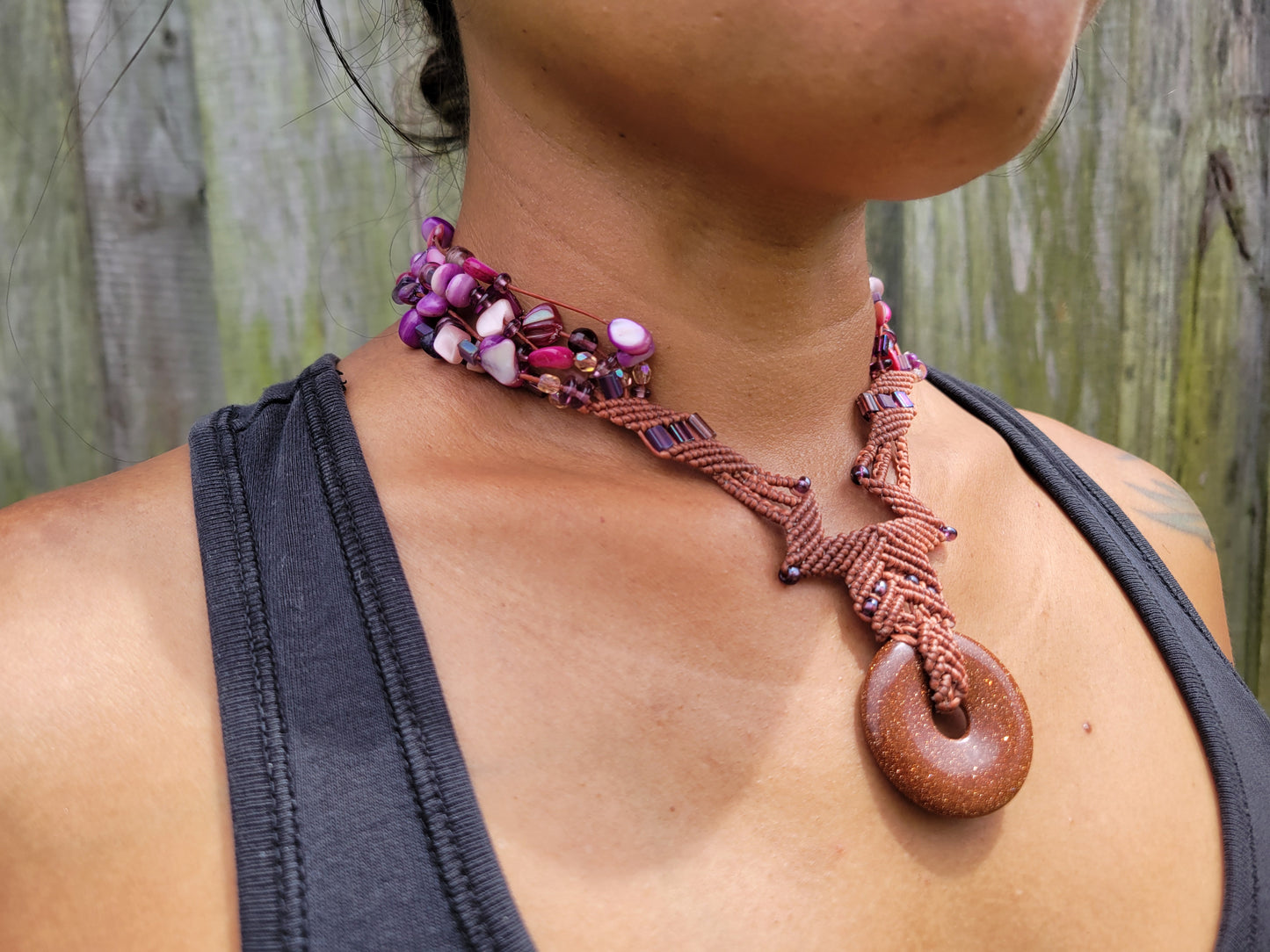 Goldstone Ring Macramé Necklace – Boho Tribal Design with Multicolored Beaded Strands