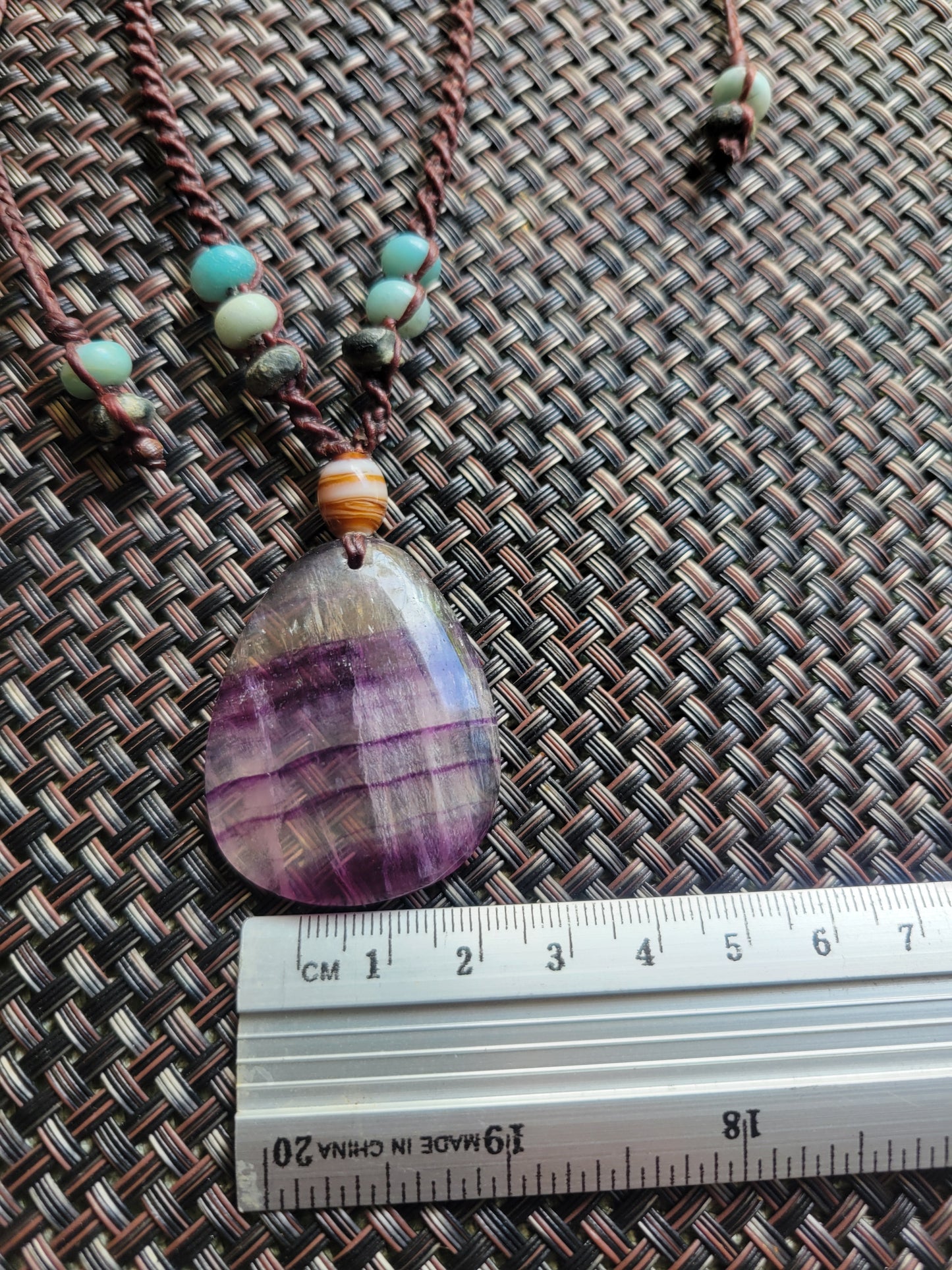 “Spirit Veil” – Purple Banded Fluorite Pendant Necklace, Brown Cord with Multicolored Stone Beads, Adjustable