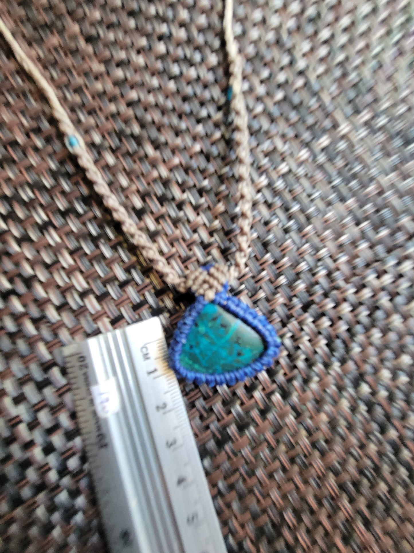 “Whispering Stone” – Small Triangular Chrysocolla Pendant Necklace, Blue Wrap with Light Brown Spiral Braid, Adjustable