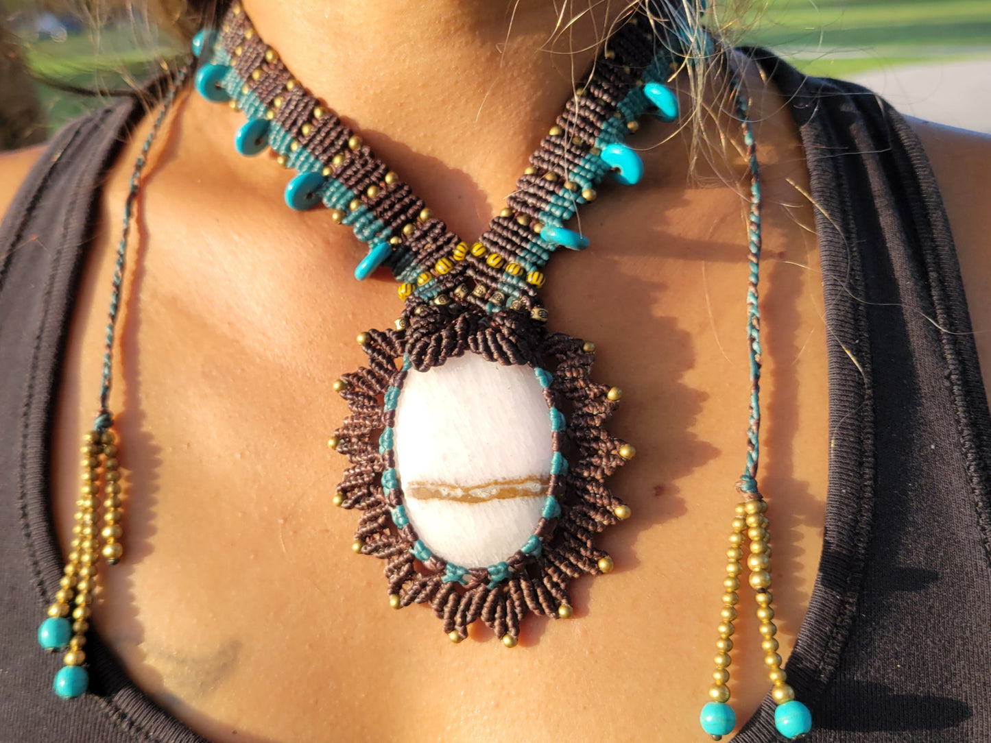 Pink Calcite Pendant Necklace – Brown and Blue Macrame with Antique Brass and Blue Beads