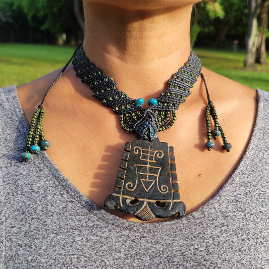 Rare Vintage Black Jade Veve Pendant Necklace-African Amulet