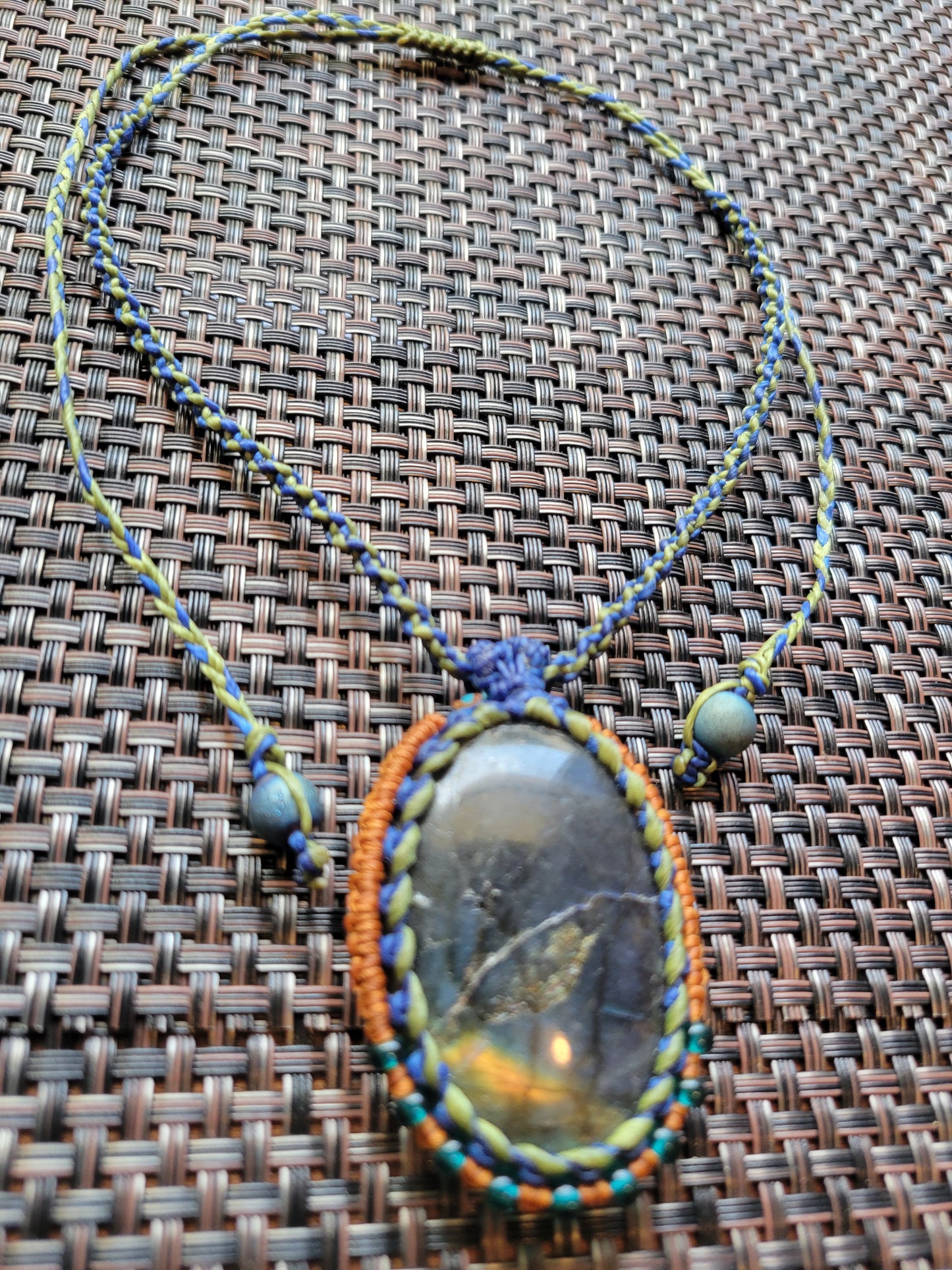 “Elemental Skies” – Labradorite Pendant Necklace, Multicolored Cord Wrap (Green, Blue, Orange), Adjustable Festival Jewelry