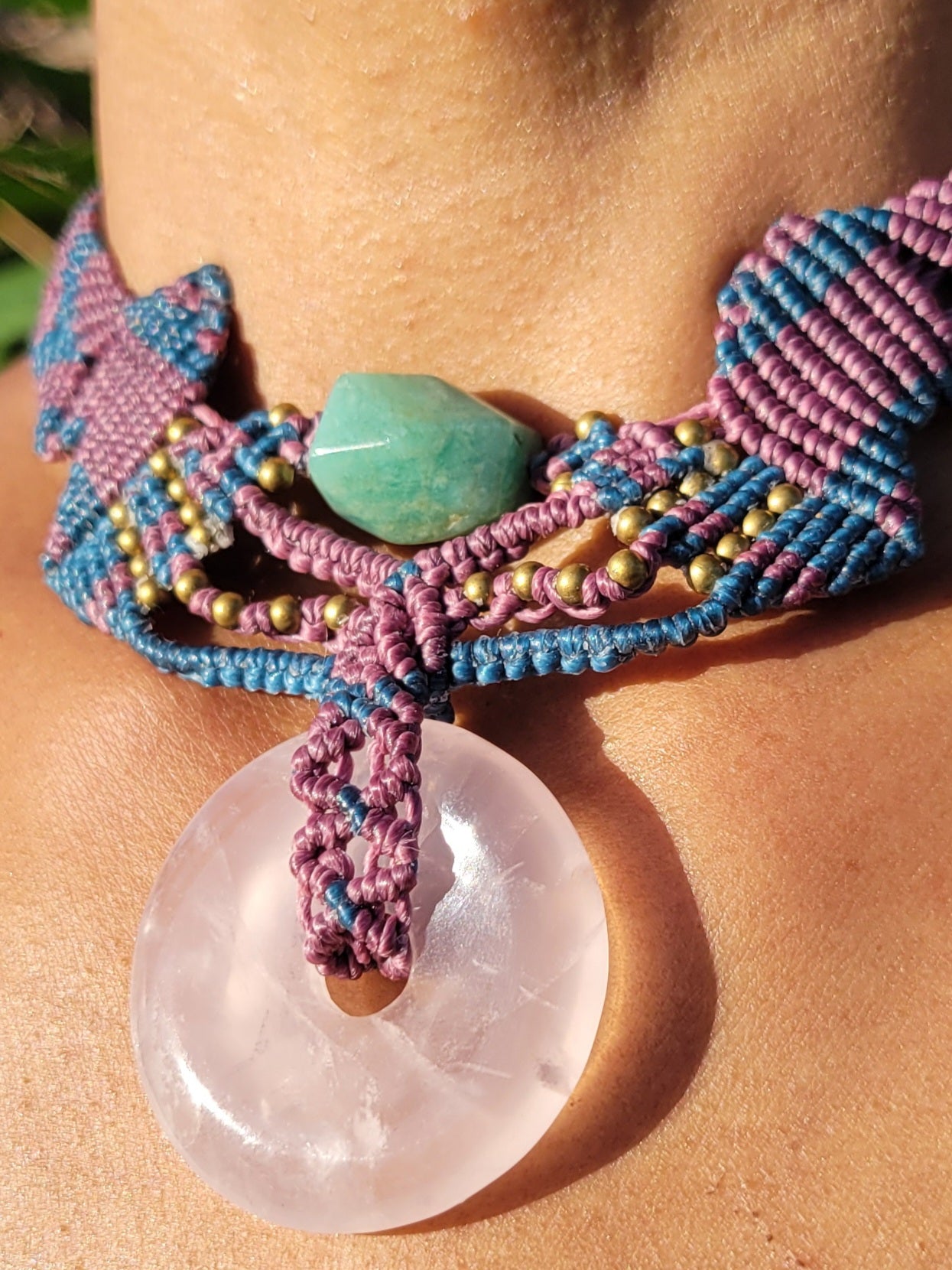 Handmade Rose Quartz Jewelry choker with antique brass accents