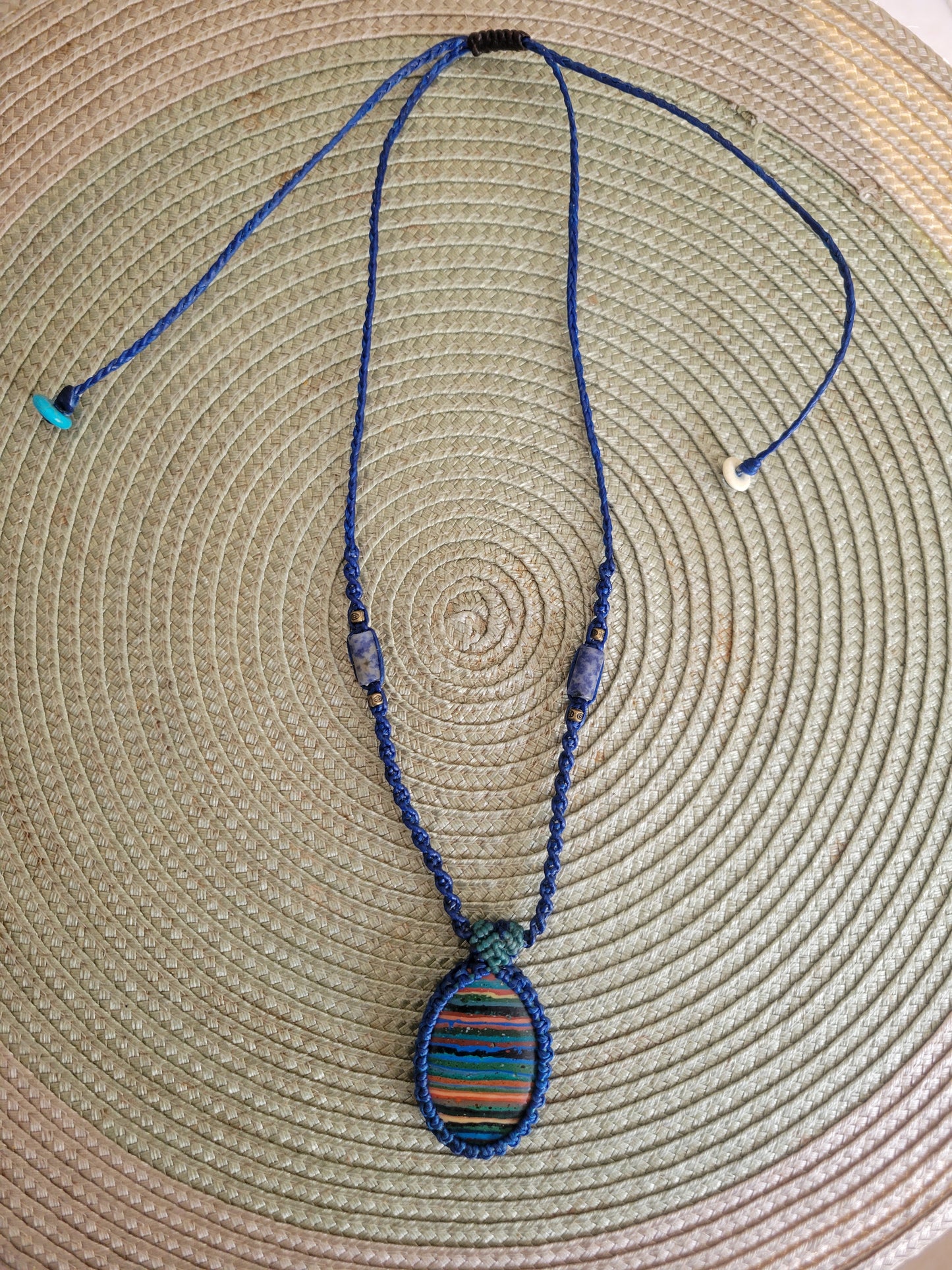 Vivid Rainbow Calsilica Pendant Necklace – Purple Waxed Cotton Cord, Adjustable