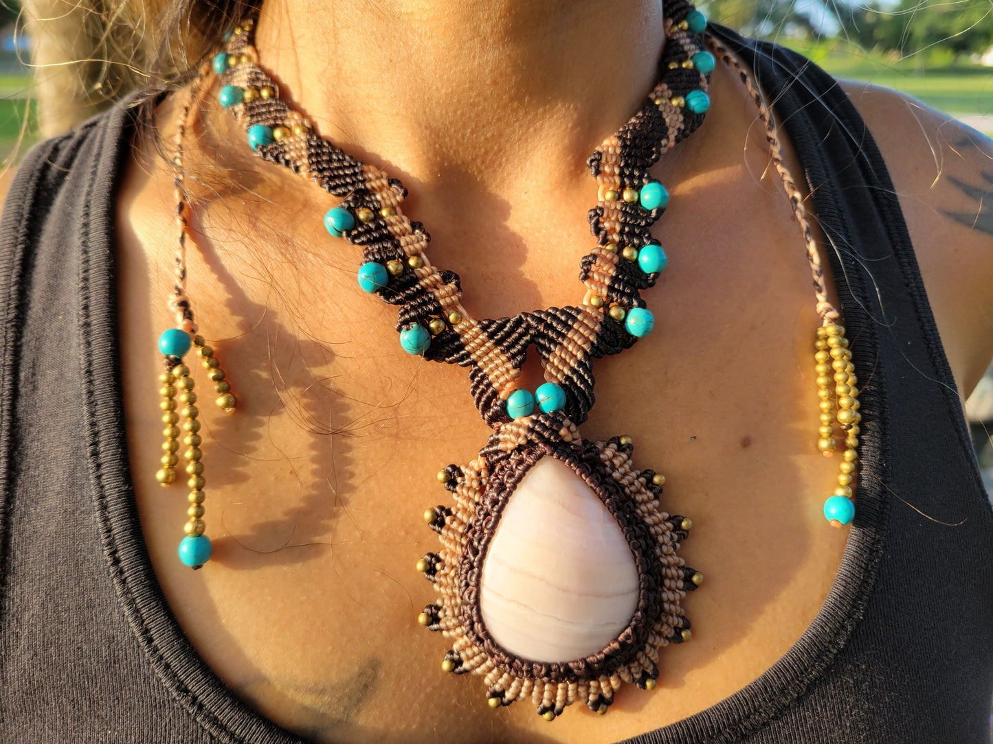 Ornate Pink Calcite Pendant Necklace – Elegant Macramé with Brass & Turquoise Accents
