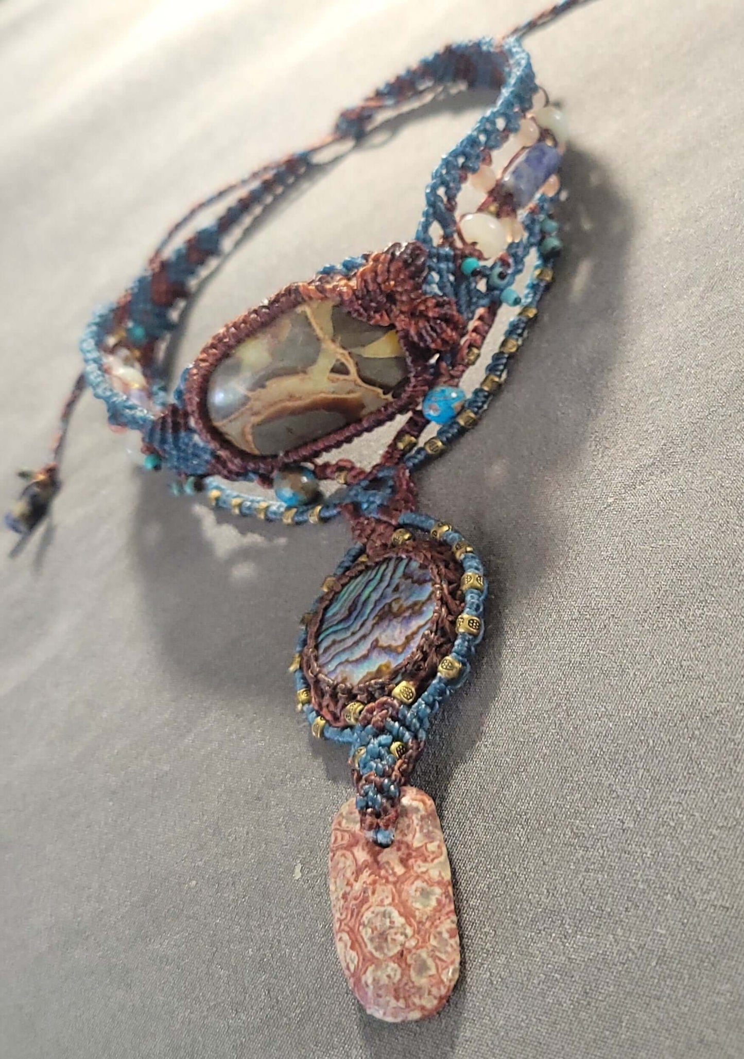 Polychrome Jasper & Crazy Lace Agate Macramé Necklace