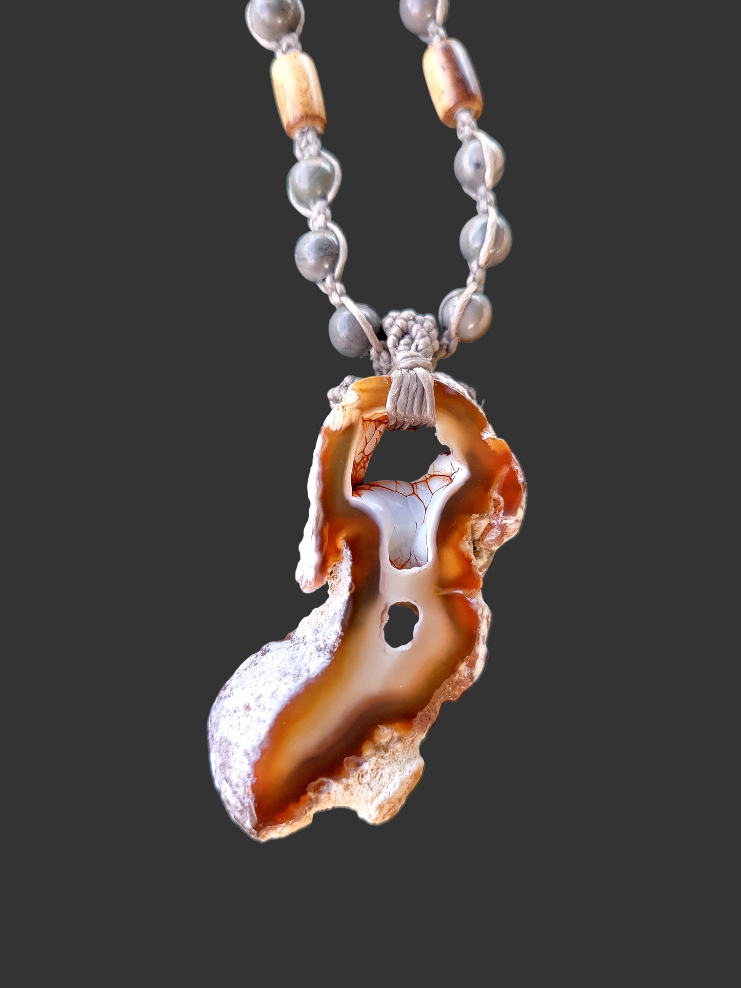 Handmade Agatized Coral Necklace with stone and wood beads