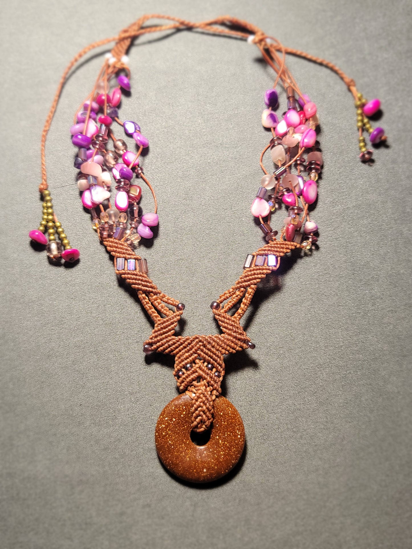 Goldstone Ring Macramé Necklace – Boho Tribal Design with Multicolored Beaded Strands
