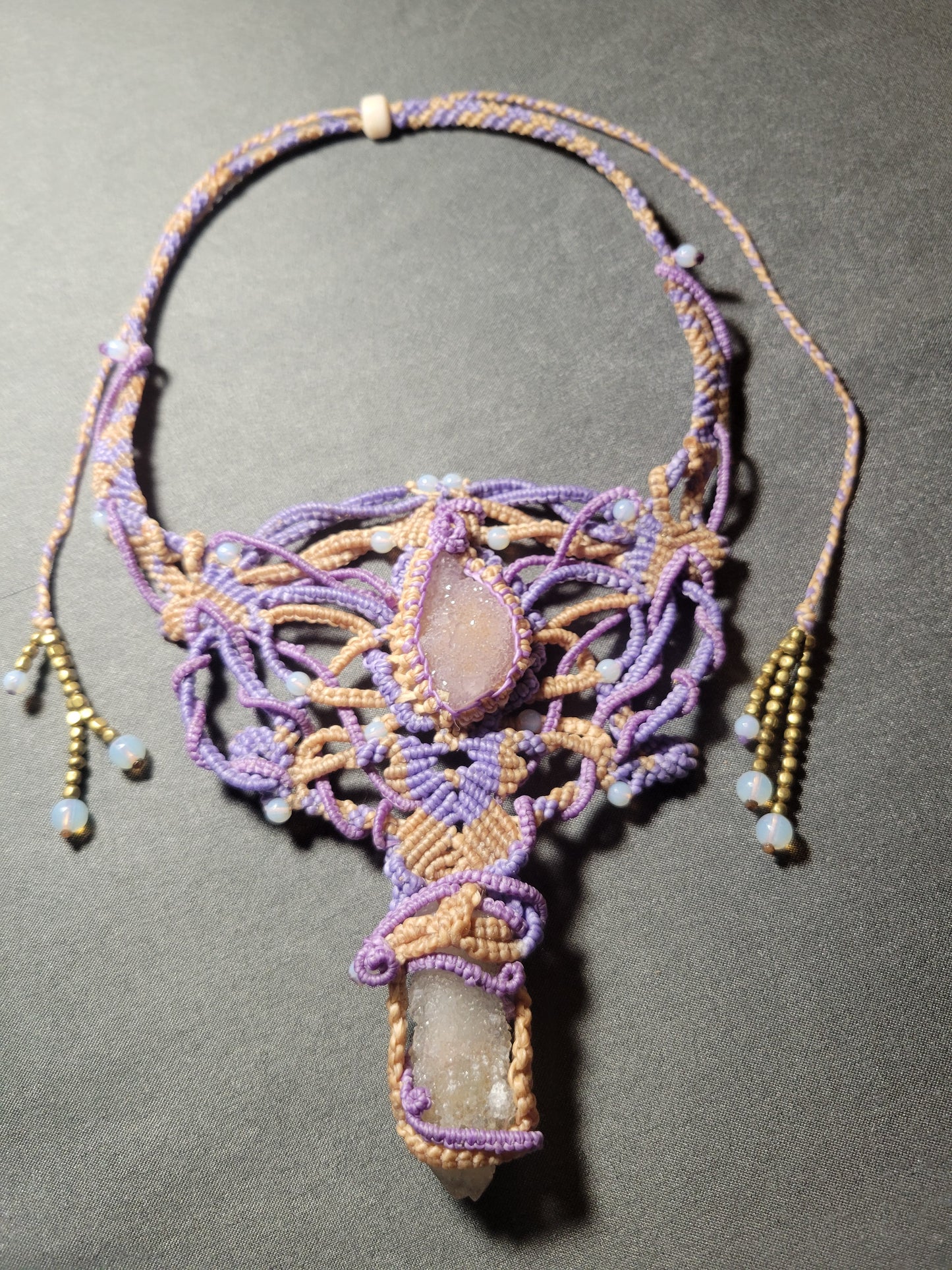 Psychedelic Double Druzy Quartz Choker Macramé Necklace Purple & Beige