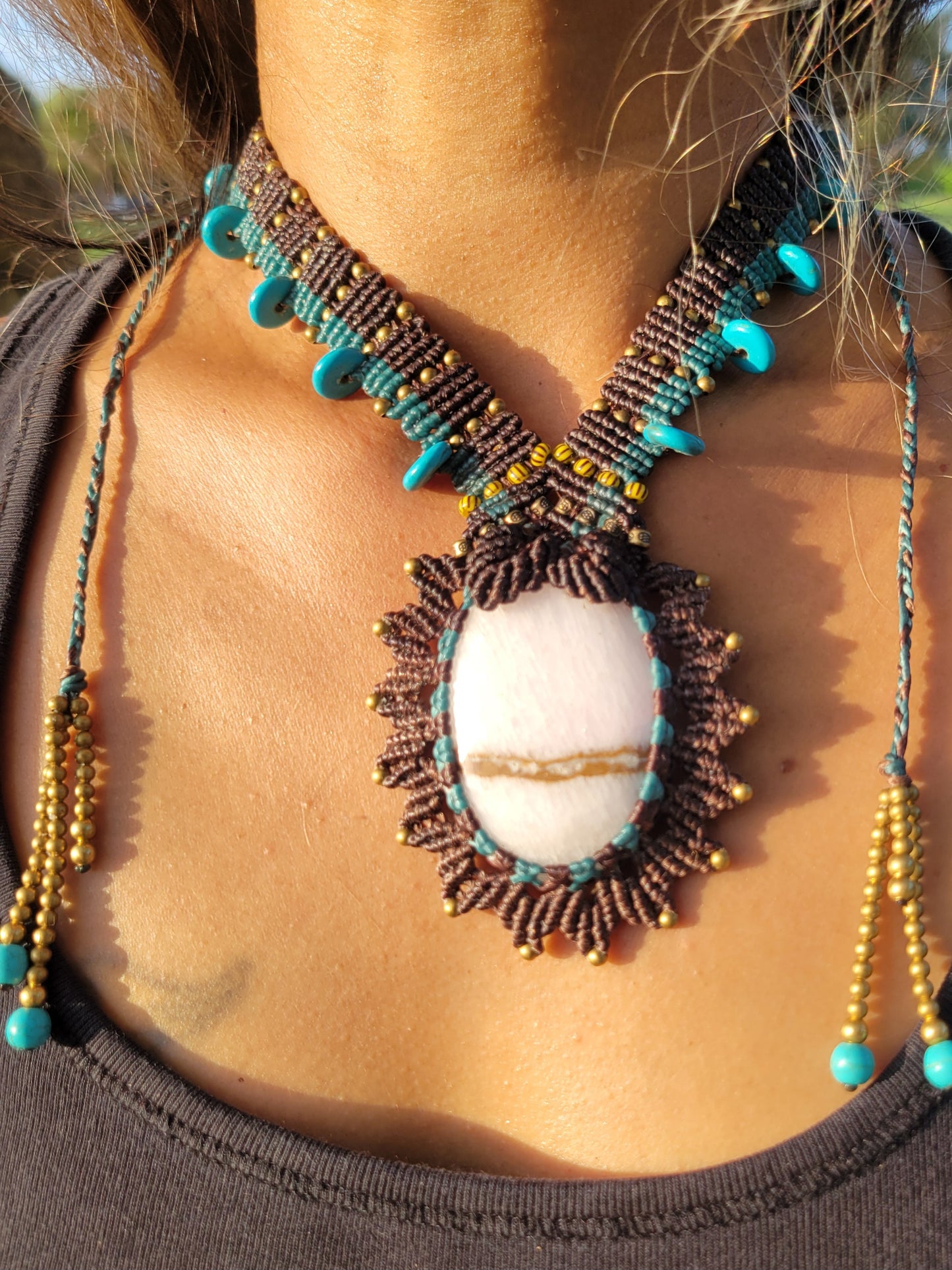 Pink Calcite Pendant Necklace – Brown and Blue Macrame with Antique Brass and Blue Beads