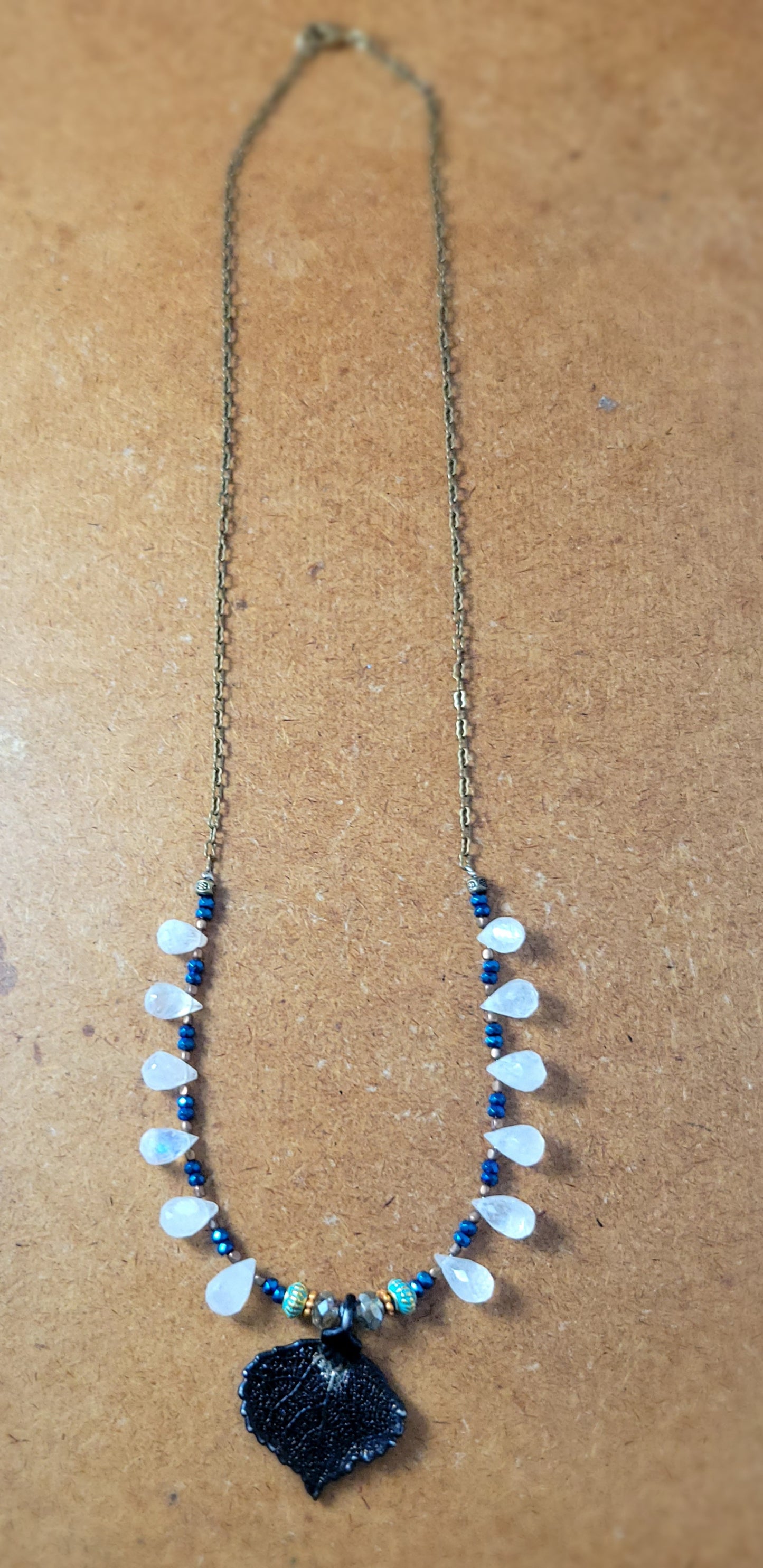 Handcrafted Copper Leaf Pendant Necklace with quartz teardrops
