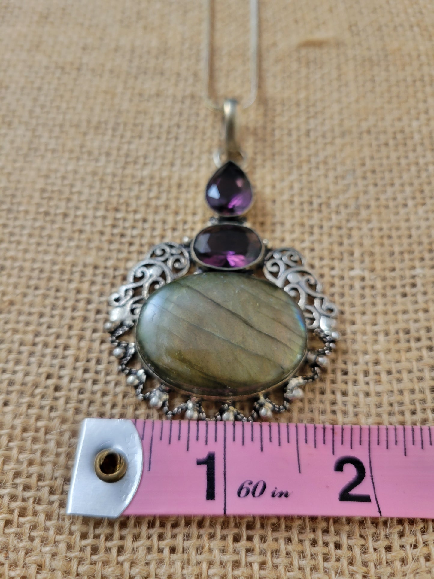Labradorite and Amethyst Pendant Necklace – Vintage Boho Jewelry