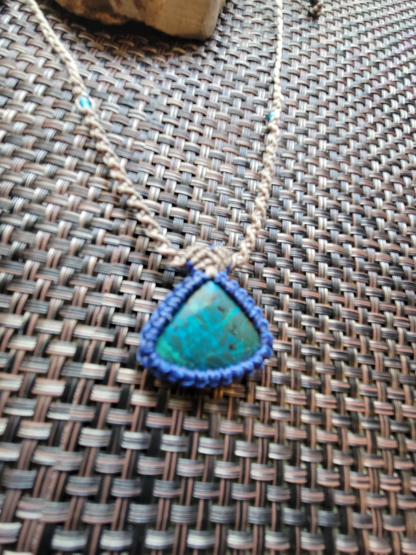 “Whispering Stone” – Small Triangular Chrysocolla Pendant Necklace, Blue Wrap with Light Brown Spiral Braid, Adjustable