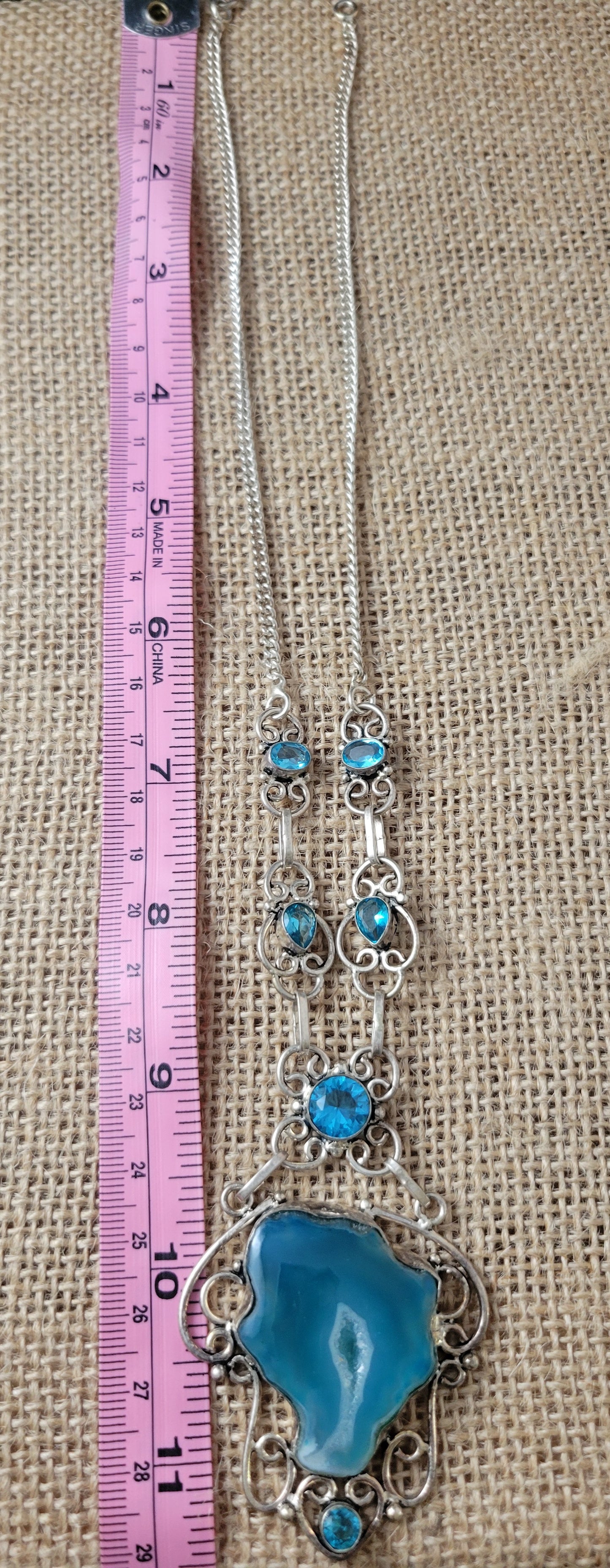 Length of Handmade Druzy Agate and Blue Topaz Pendant Necklace vintage design