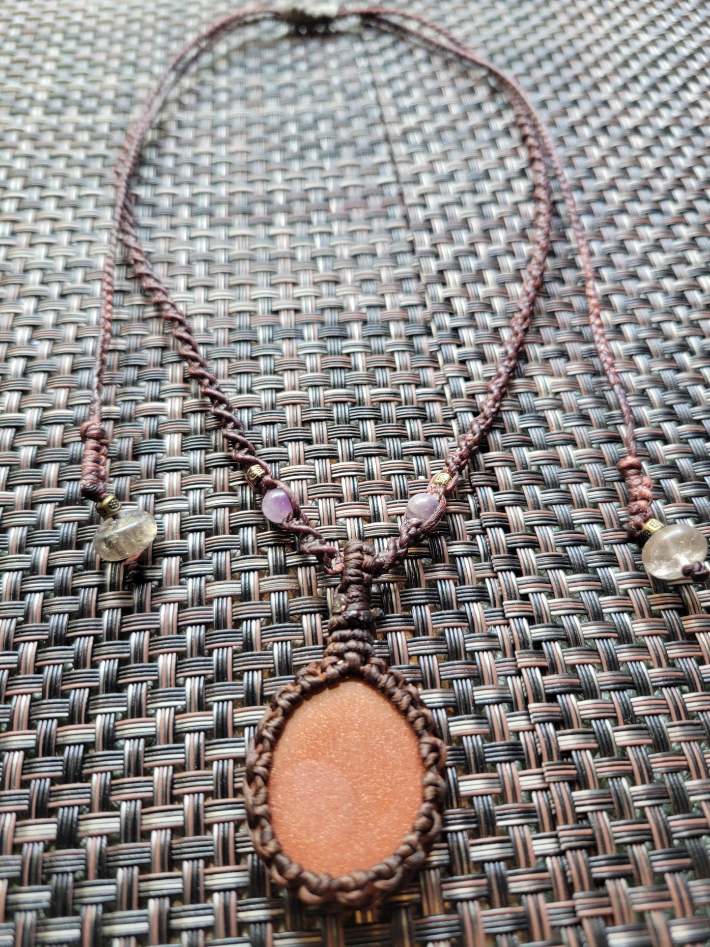 Gold Sandstone Macramé Necklace – Brown Cord Pendant with Quartz Beads, Adjustable Fit