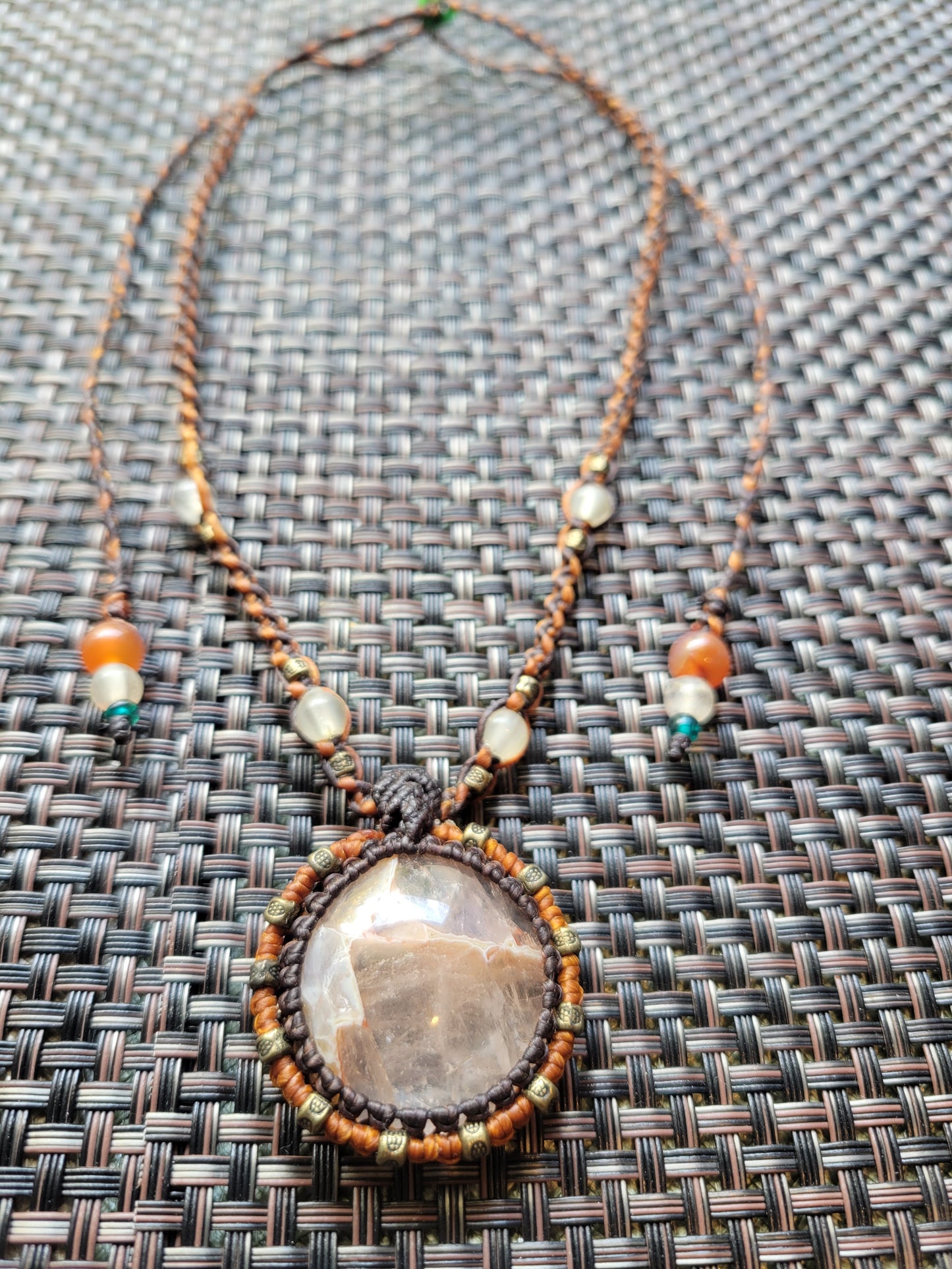 Plume Agate Pendant Necklace – Handwoven Boho Jewelry with Brass & Agate Accents