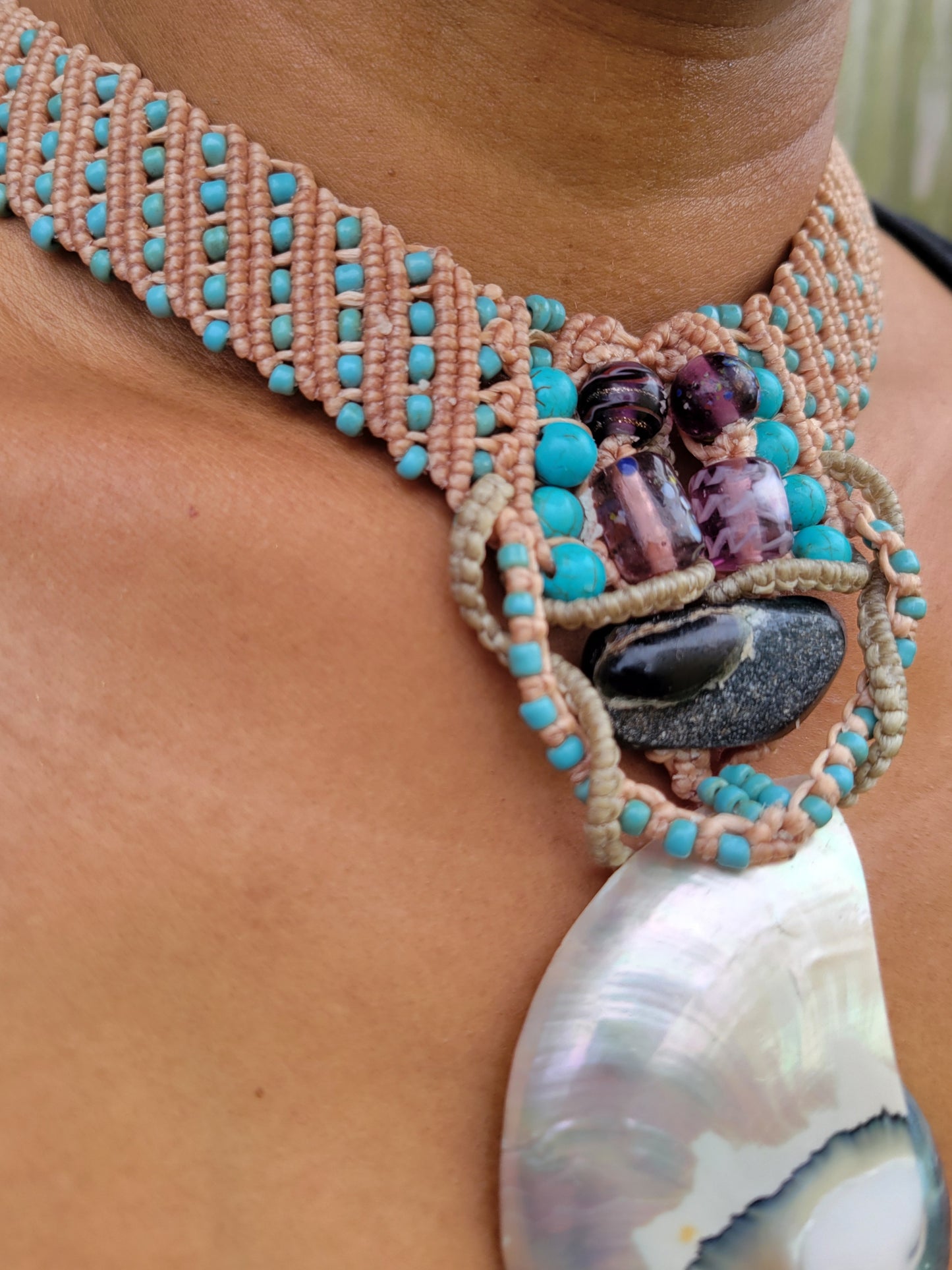 Nautilus Shell Macrame Choker Necklace with turquoise beads