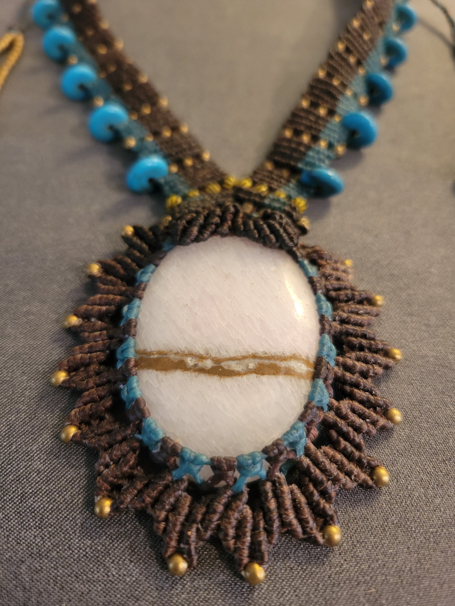 Pink Calcite Pendant Necklace – Brown and Blue Macrame with Antique Brass and Blue Beads