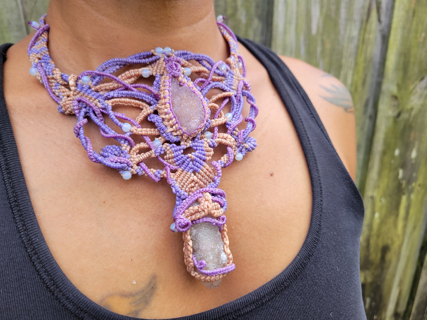 Psychedelic Double Druzy Quartz Choker Macramé Necklace Purple & Beige