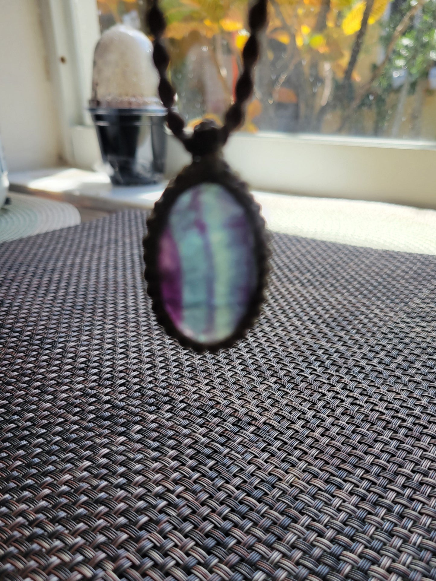 Minimalist Fluorite Pendant Necklace with green and violet layers