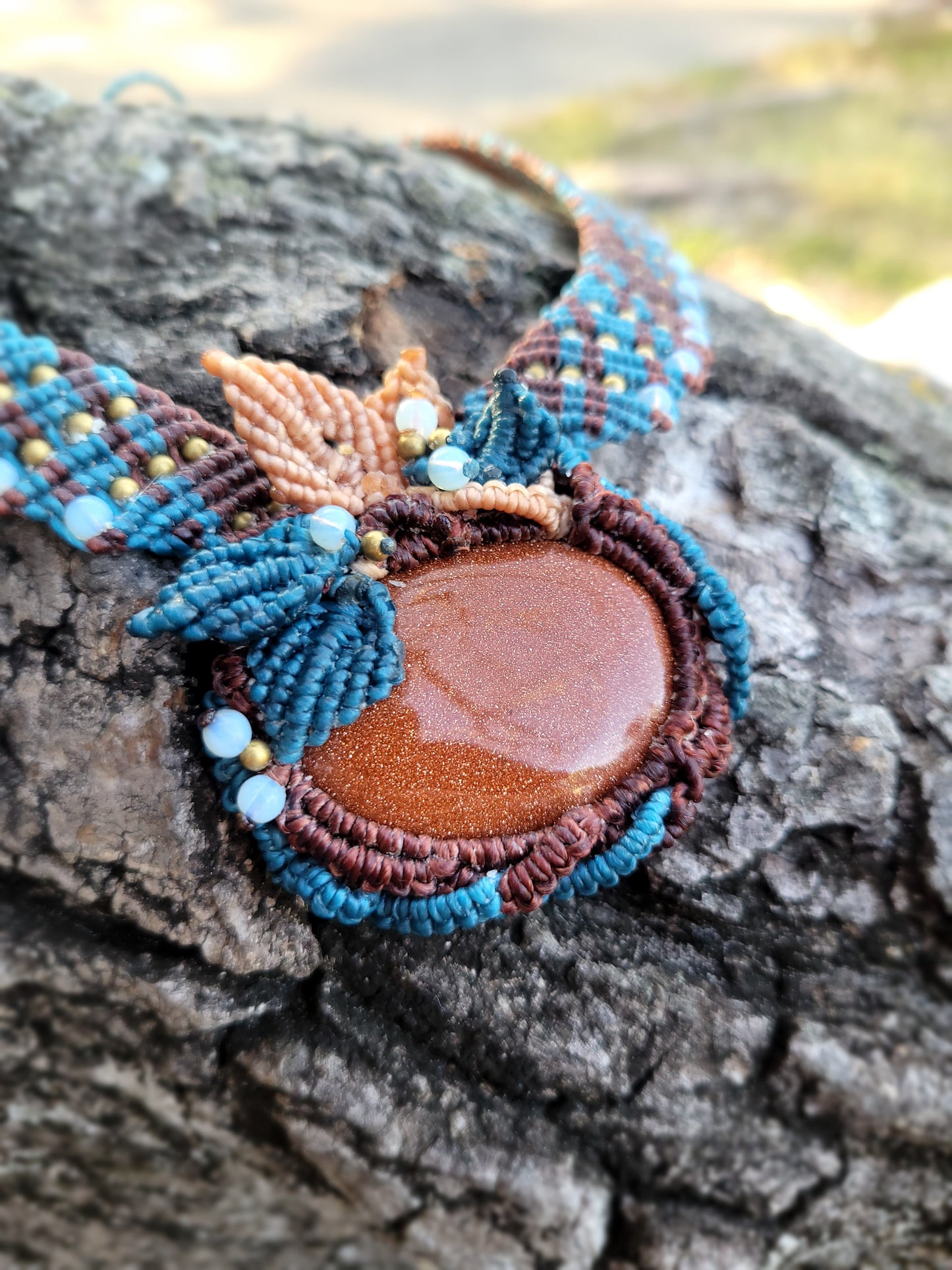 Golden Sandstone Macramé Choker – Boho Statement Necklace with Antique Brass & Blue Accents