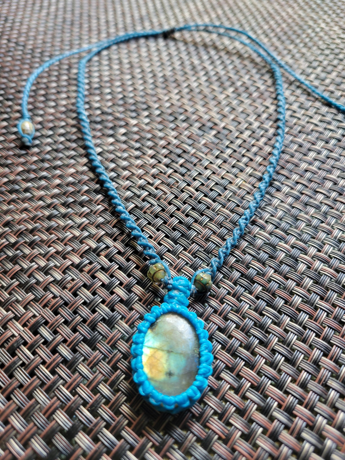“Starseed” – Small Oval Labradorite Pendant Necklace, Blue Cord & Spiral Braid, Adjustable for Kids & Adults