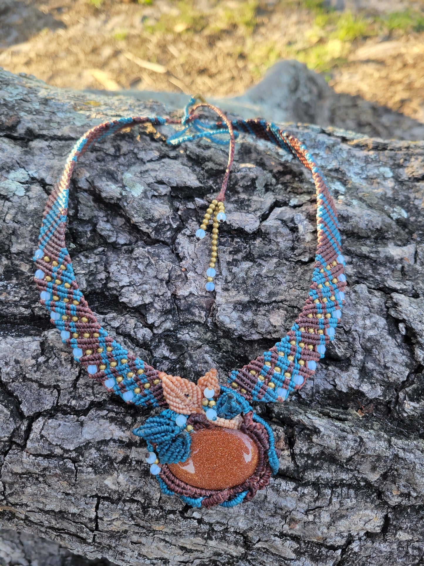Golden Sandstone Macramé Choker – Boho Statement Necklace with Antique Brass & Blue Accents